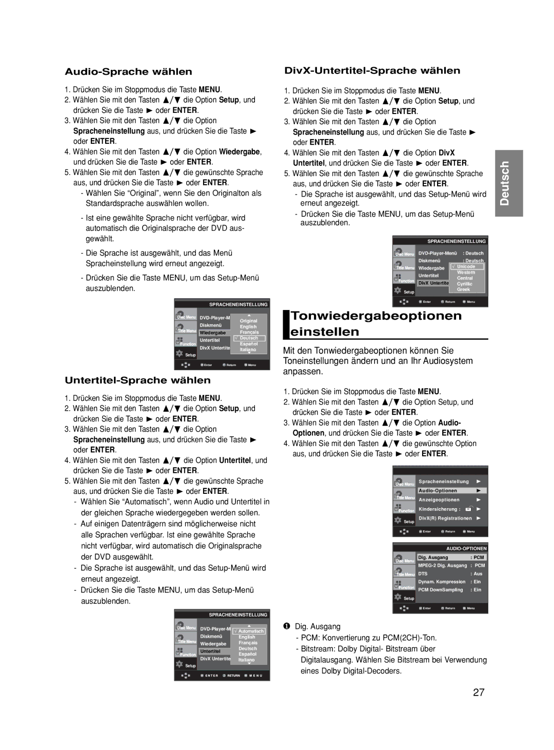 Samsung DVD-HD860/XEG, DVD-HD860/XET Tonwiedergabeoptionen einstellen, Audio-Sprache wählen, Untertitel-Sprache wählen 