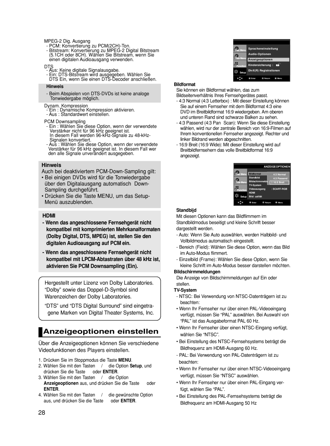 Samsung DVD-HD860/XET manual Anzeigeoptionen einstellen, ❶ Bildformat, ❷ Standbijd, ❸ Bildschirmmeldungen, ❹ TV-System 