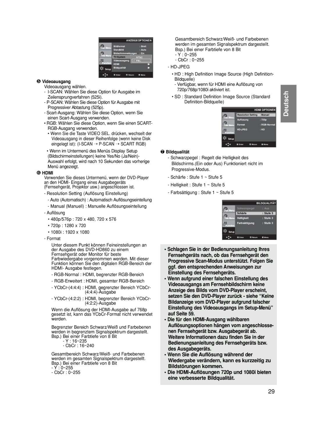 Samsung DVD-HD860/XEL ❺ Videoausgang Videoausgang wählen, Resolution Setting Auflösung Einstellung, 16~235 CbCr 16~240 