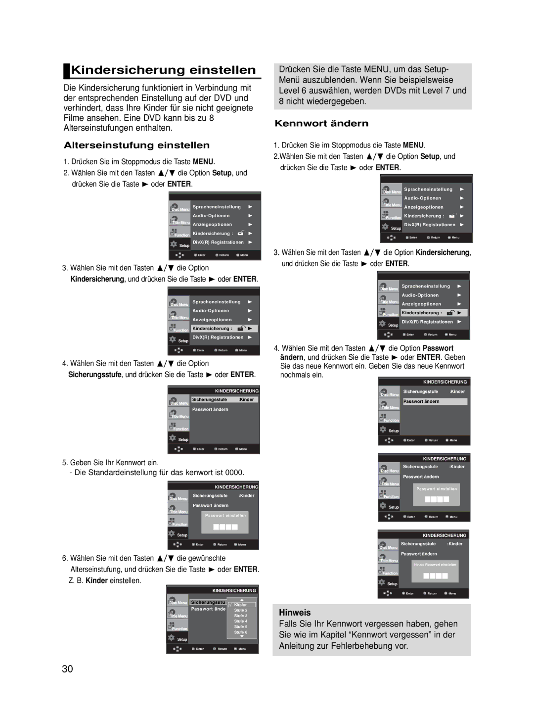 Samsung DVD-HD860/XEG, DVD-HD860/XET manual Kindersicherung einstellen, Alterseinstufung einstellen, Kennwort ändern 