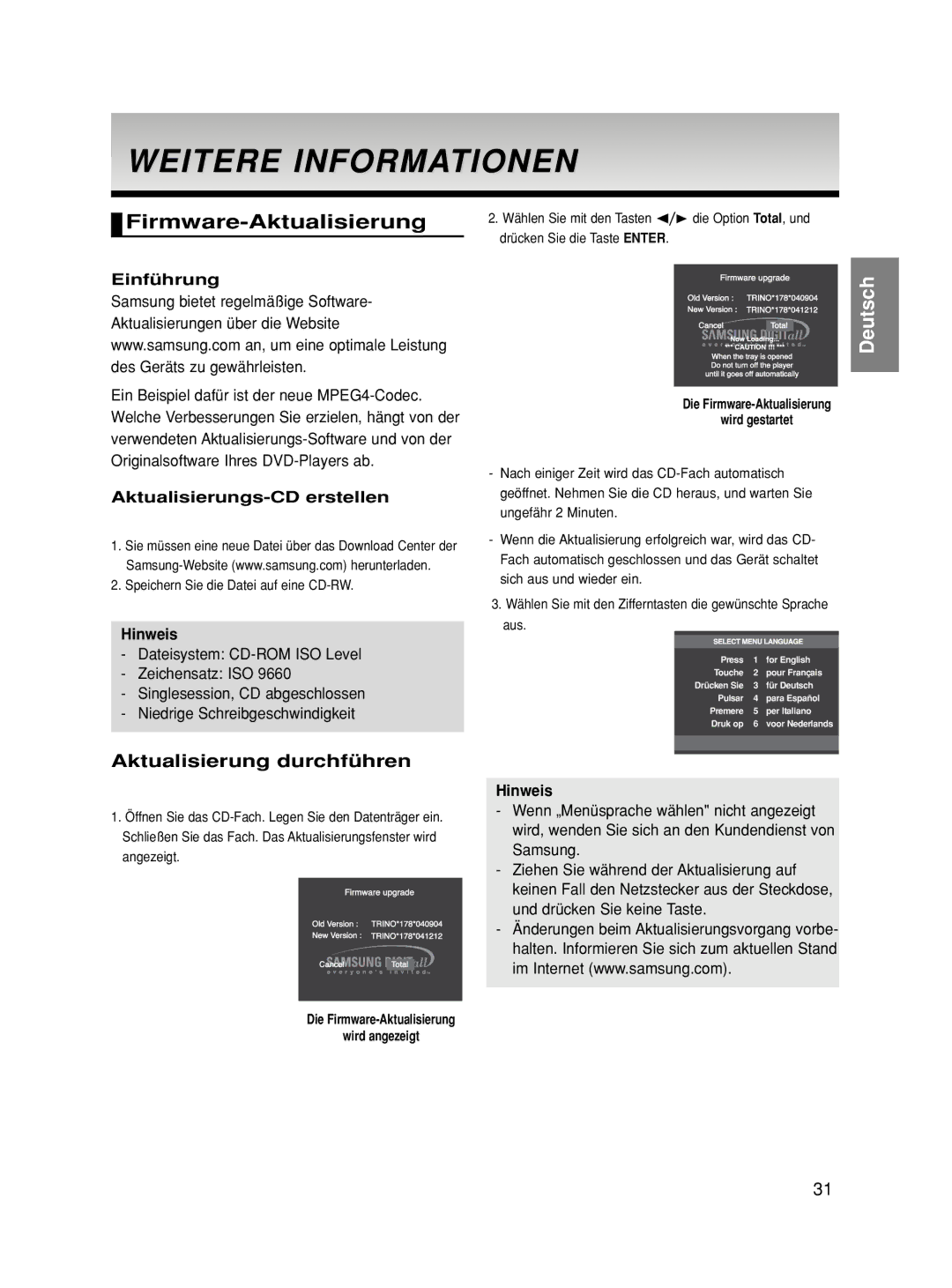 Samsung DVD-HD860/XET manual Weitere Informationen, Firmware-Aktualisierung, Aktualisierungs-CD erstellen, Wird angezeigt 