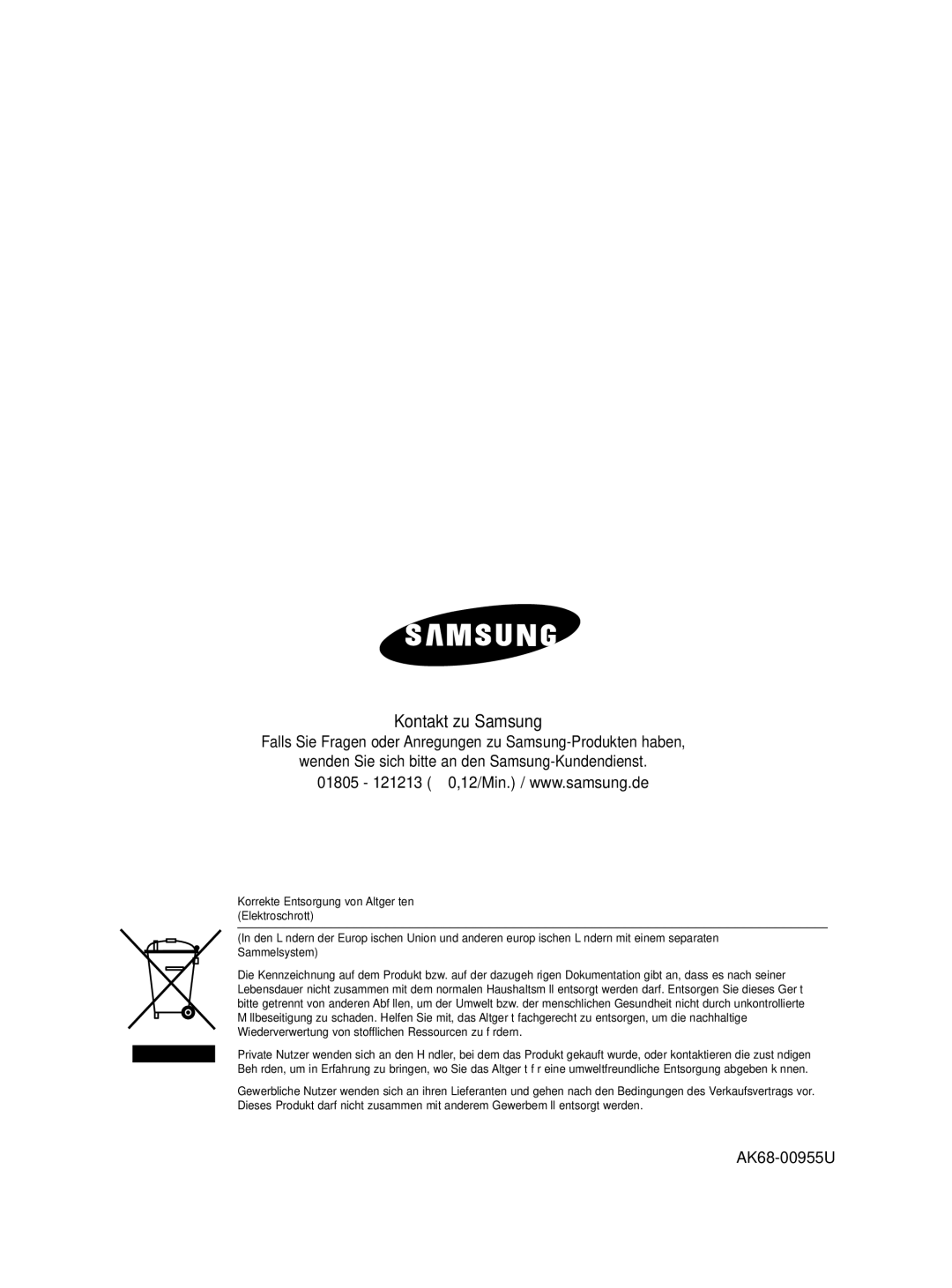 Samsung DVD-HD860/XEG, DVD-HD860/XET, DVD-HD860/XEL manual Kontakt zu Samsung, AK68-00955U 