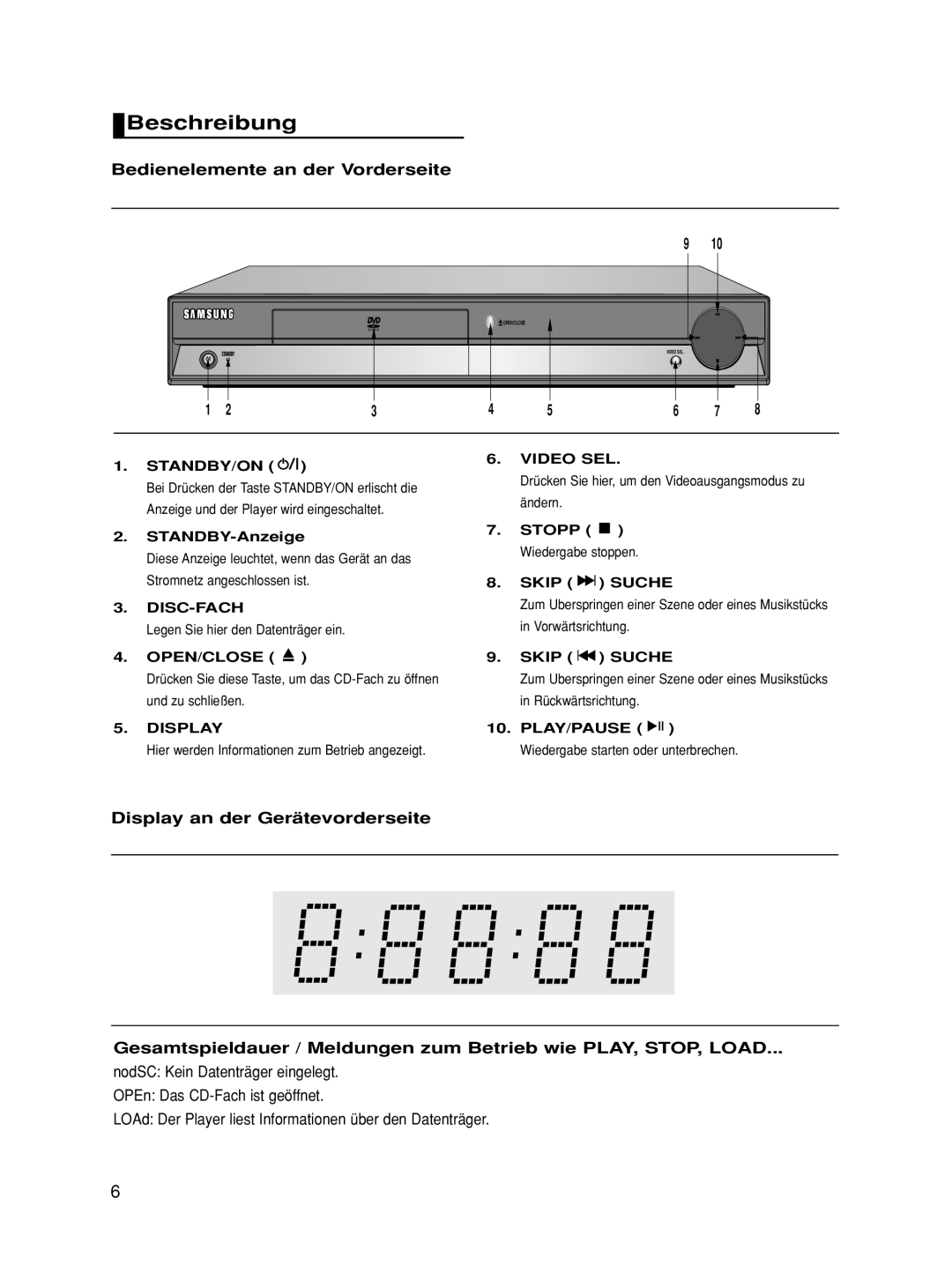 Samsung DVD-HD860/XEG, DVD-HD860/XET, DVD-HD860/XEL manual Beschreibung, Bedienelemente an der Vorderseite 