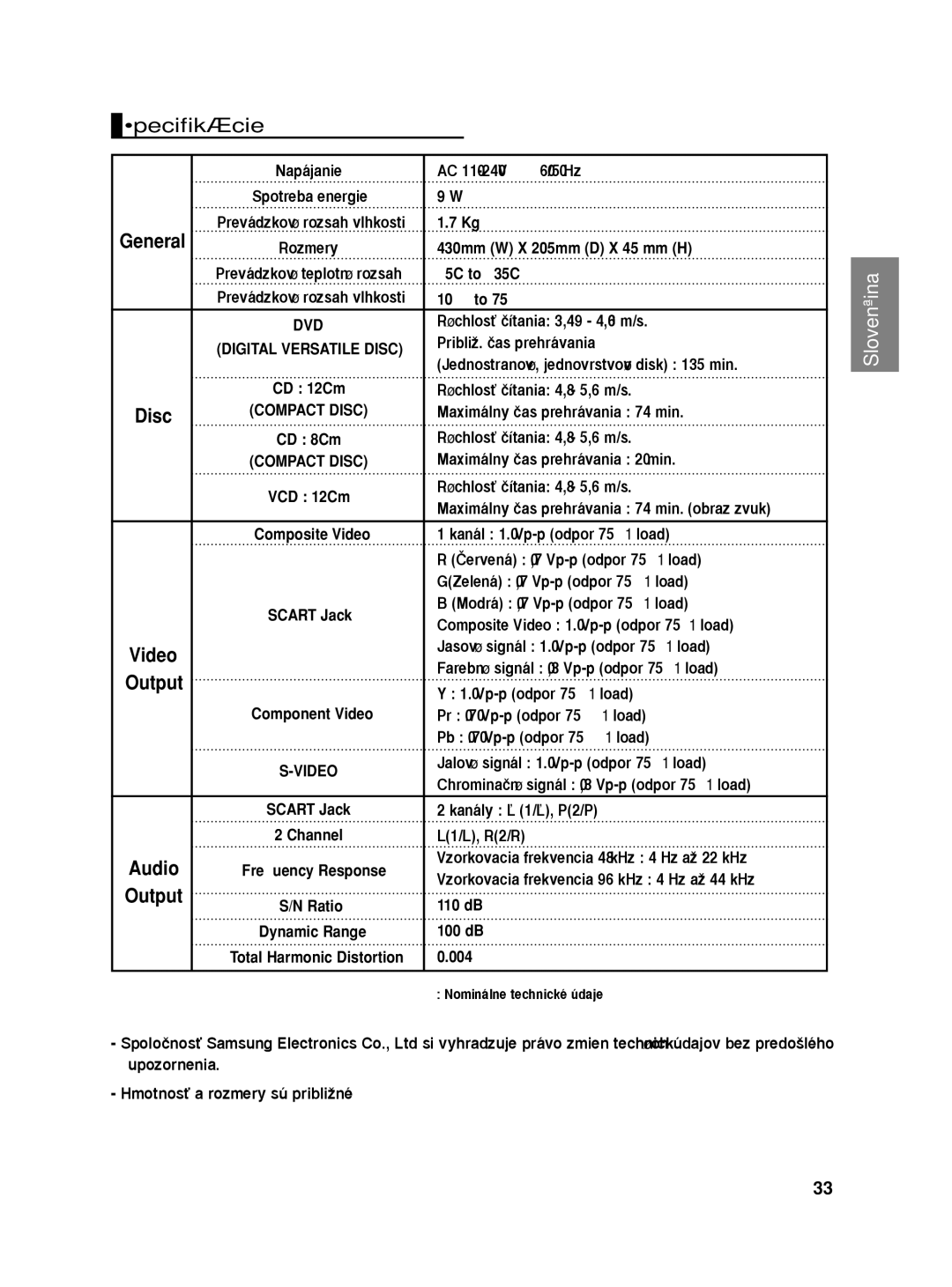 Samsung DVD-HD860/FOU, DVD-HD860/XEL, DVD-HD860/XEC, DVD-HD860/XEH manual ·pecifikácie 