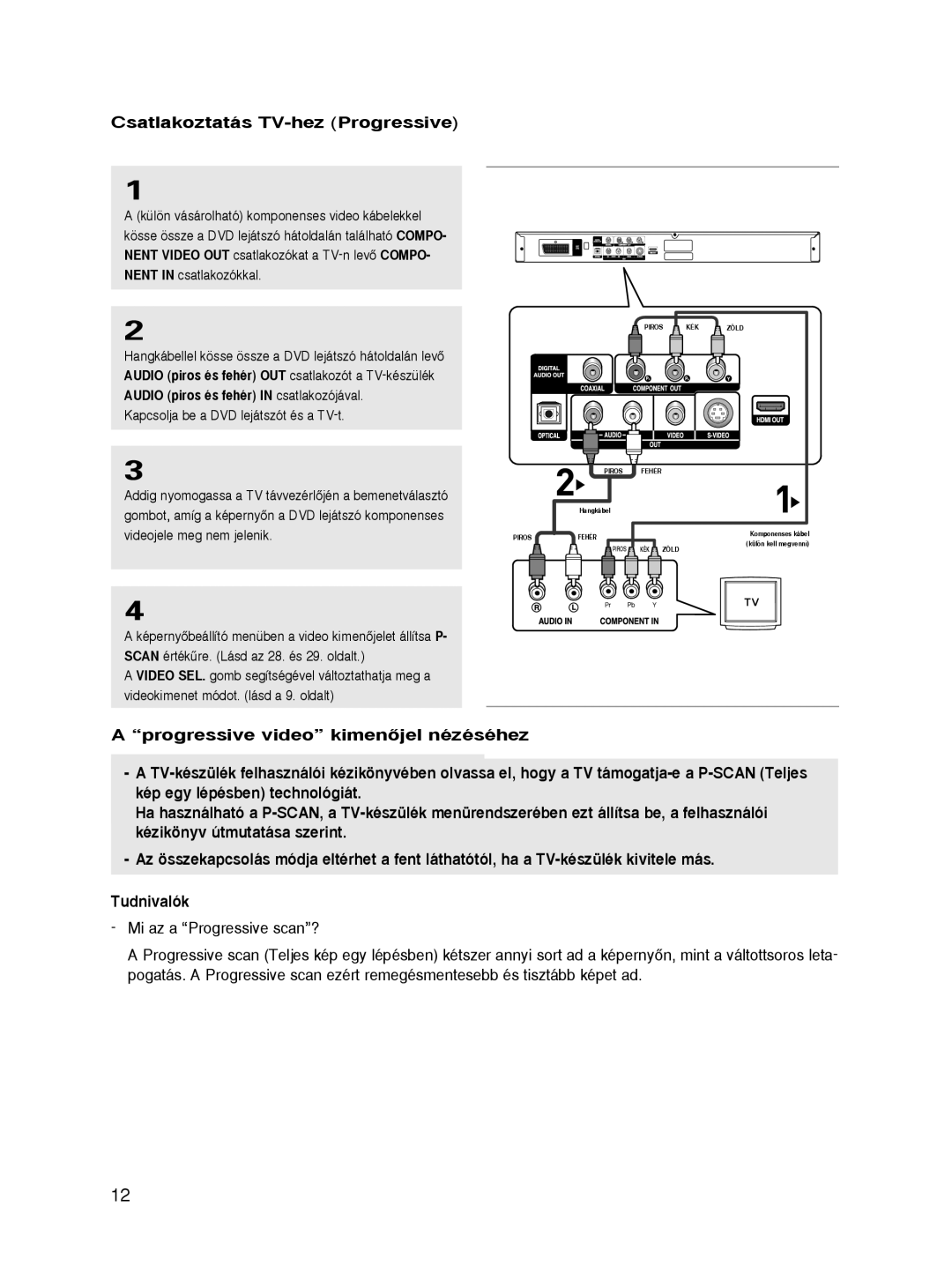 Samsung DVD-HD860/XEL, DVD-HD860/XEC manual Csatlakoztatás TV-hez Progressive, Progressive video kimenŒjel nézéséhez 