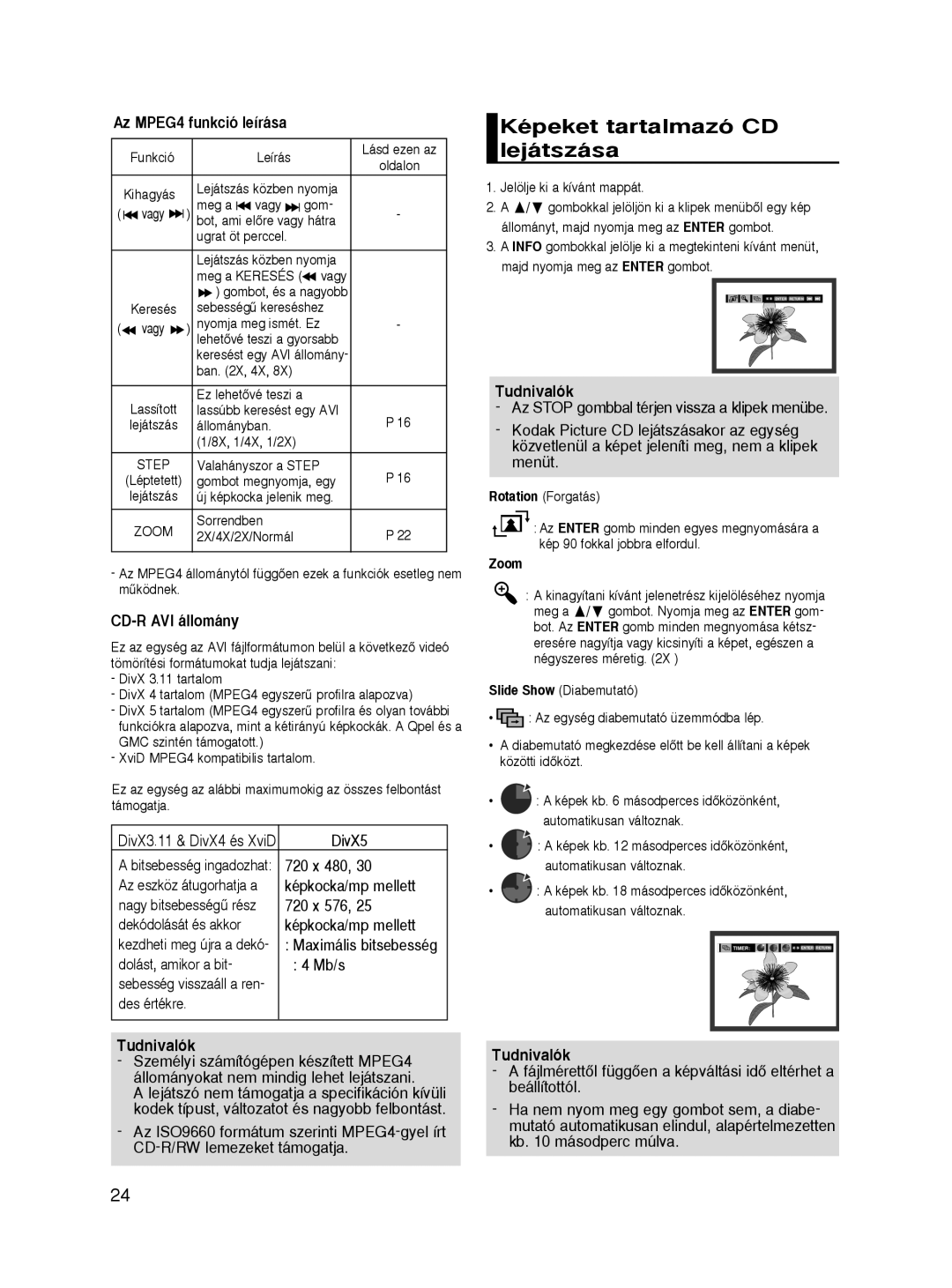 Samsung DVD-HD860/XEL, DVD-HD860/XEC manual Képeket tartalmazó CD lejátszása, Az MPEG4 funkció leírása, CD-R AVI állomány 