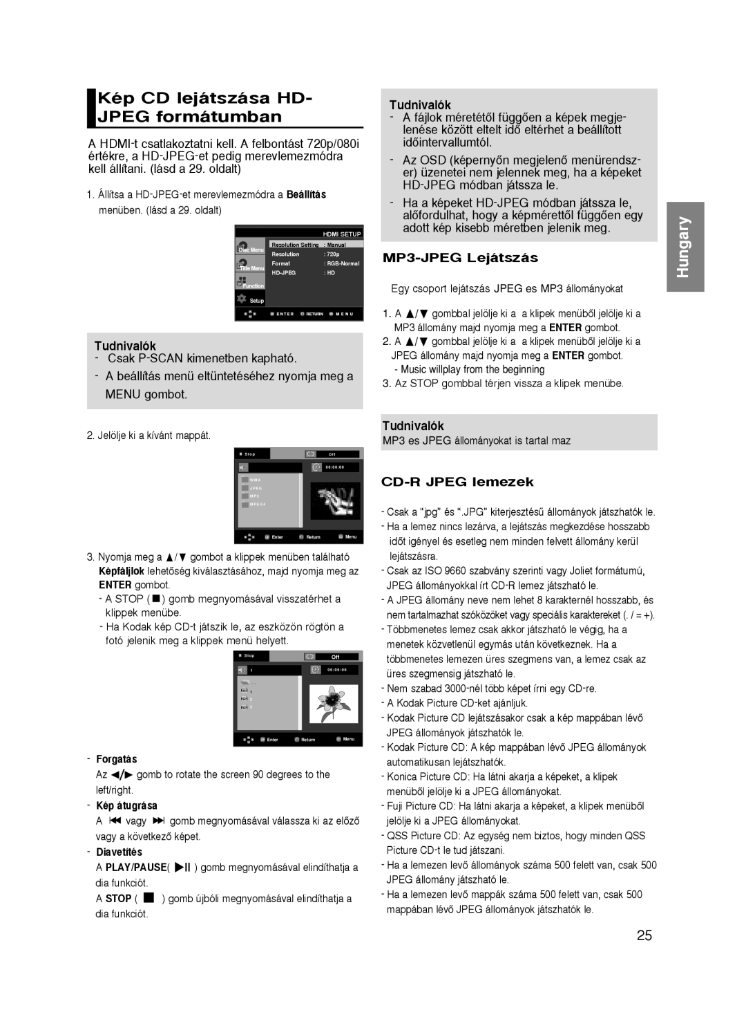 Samsung DVD-HD860/XEC, DVD-HD860/XEL manual Kép CD lejátszása HD- Jpeg formátumban, MP3-JPEG Lejátszás, CD-R Jpeg lemezek 