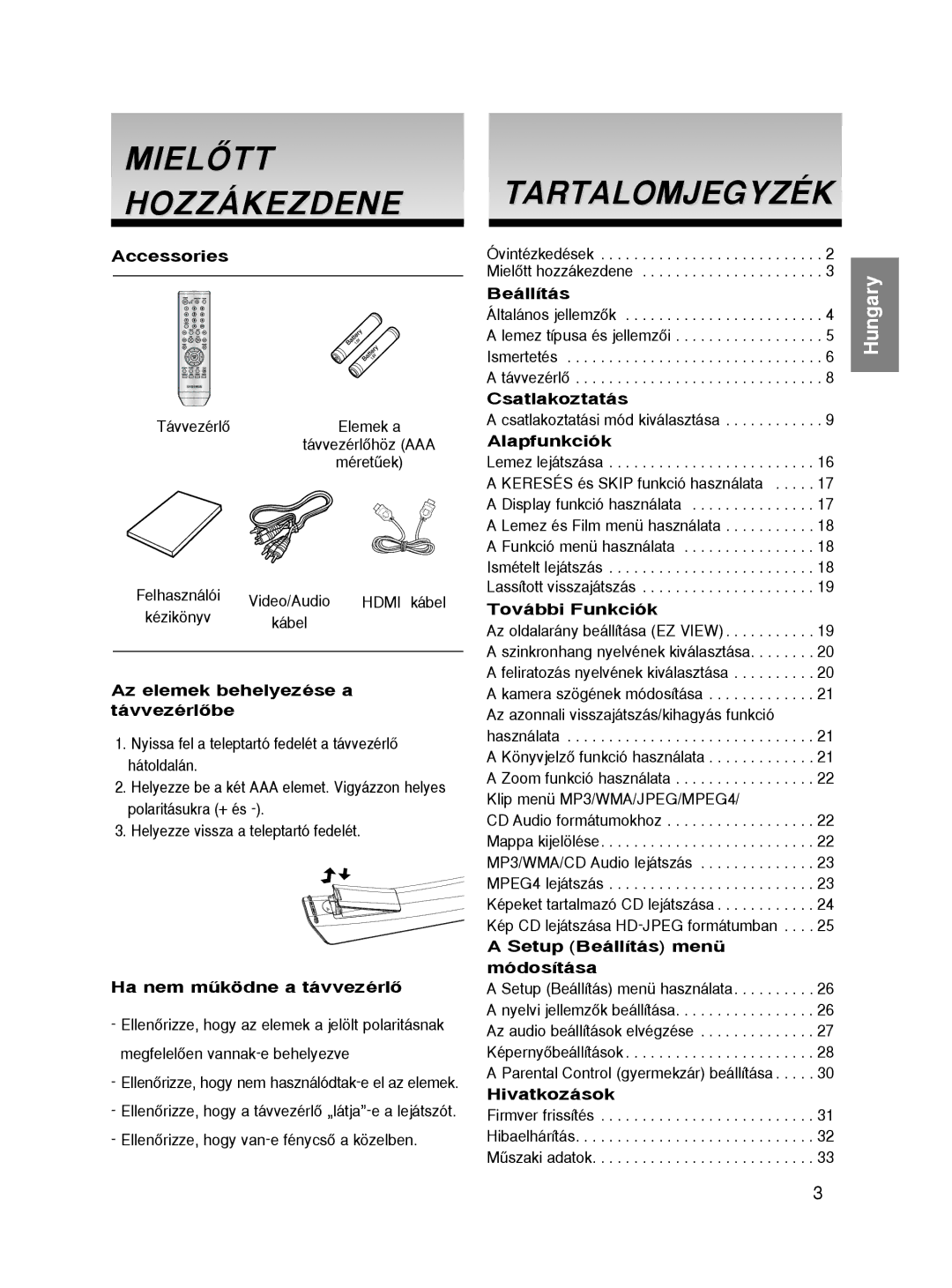 Samsung DVD-HD860/XEH, DVD-HD860/XEL, DVD-HD860/XEC, DVD-HD860/FOU manual Mielãtt Hozzákezdene, Tartalomjegyzék 