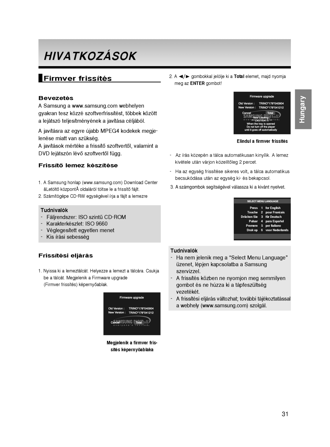 Samsung DVD-HD860/XEH manual Hivatkozások, Firmver frissítés, Bevezetés, FrissítŒ lemez készítése, Frissítési eljárás 