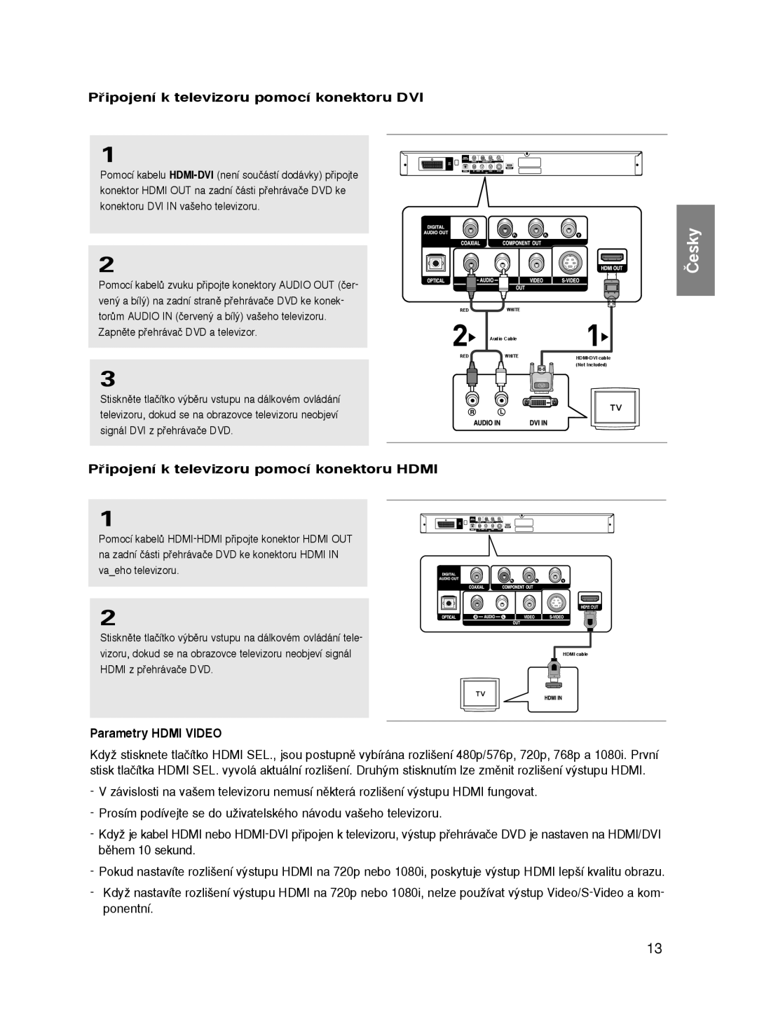 Samsung DVD-HD860/XEH manual Pﬁipojení k televizoru pomocí konektoru DVI, Pﬁipojení k televizoru pomocí konektoru Hdmi 