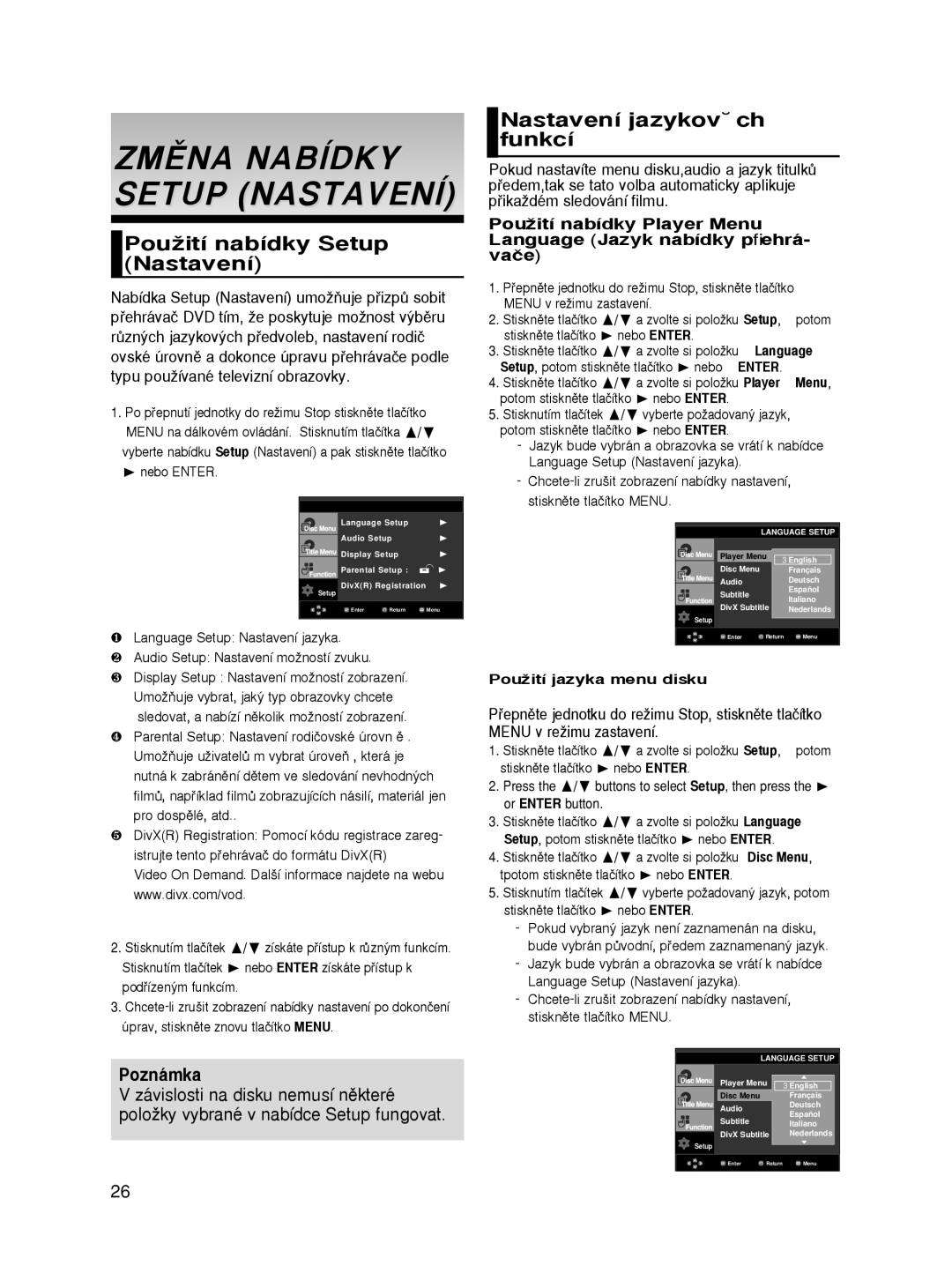 Samsung DVD-HD860/XEL manual PouÏití nabídky Setup Nastavení, Nastavení jazykov˘ch funkcí, PouÏití jazyka menu disku 