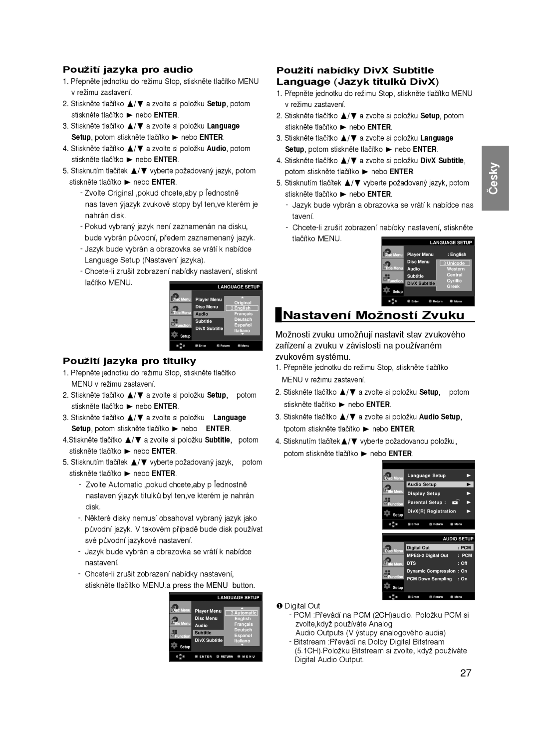 Samsung DVD-HD860/XEC manual Nastavení MoÏností Zvuku, PouÏití jazyka pro audio, PouÏití jazyka pro titulky, Language 