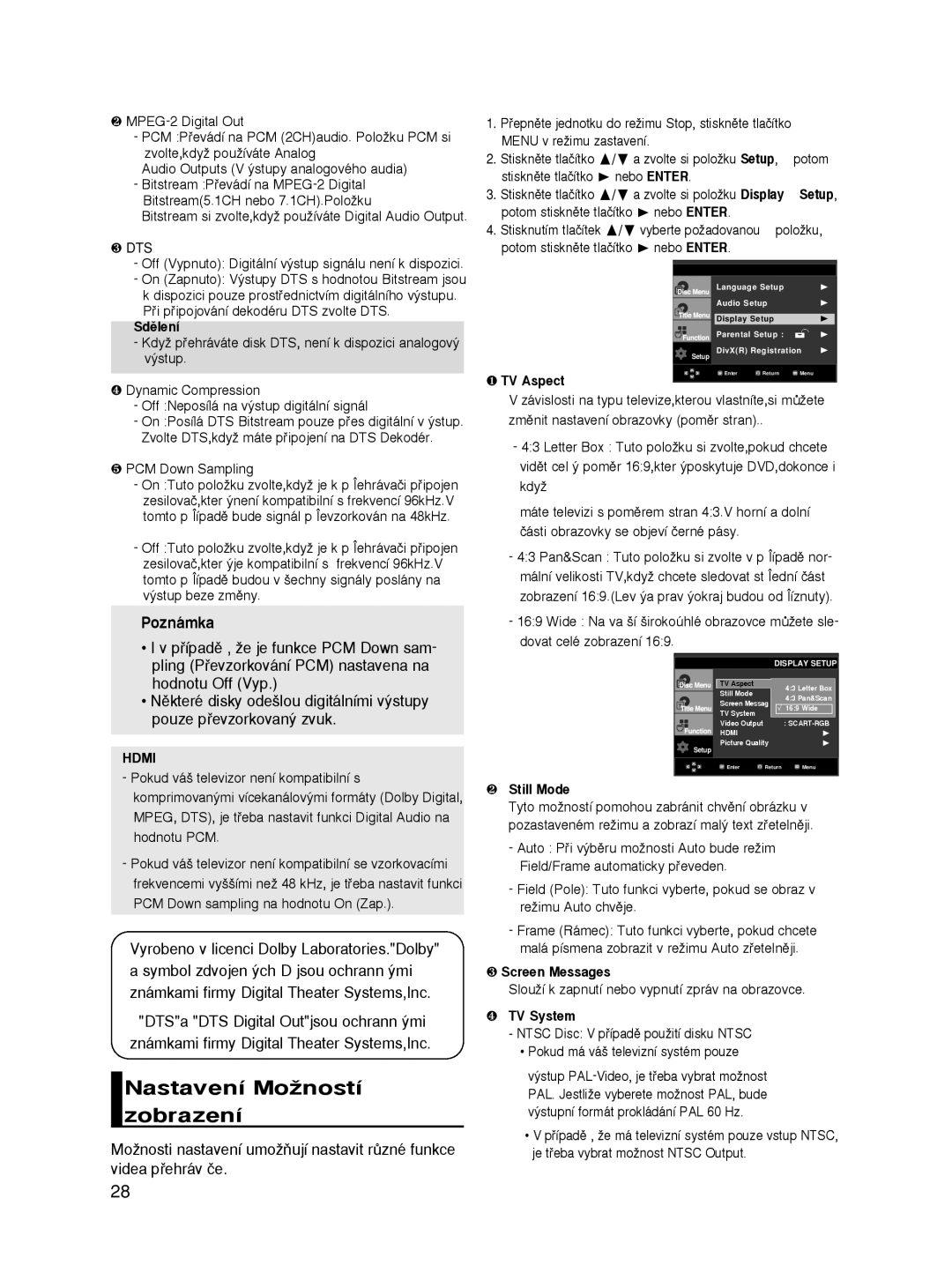 Samsung DVD-HD860/FOU, DVD-HD860/XEL, DVD-HD860/XEC, DVD-HD860/XEH manual Nastavení MoÏností zobrazení, Hdmi 