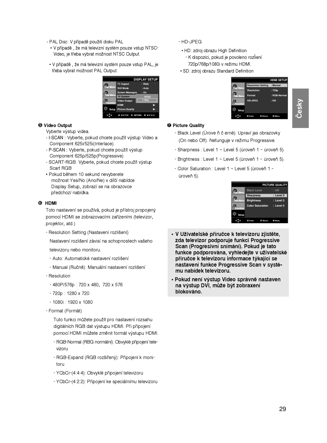 Samsung DVD-HD860/XEH manual PAL Disc V pﬁípadû pouÏití disku PAL, HD zdroj obrazu High Definition, ❼ Picture Quality 