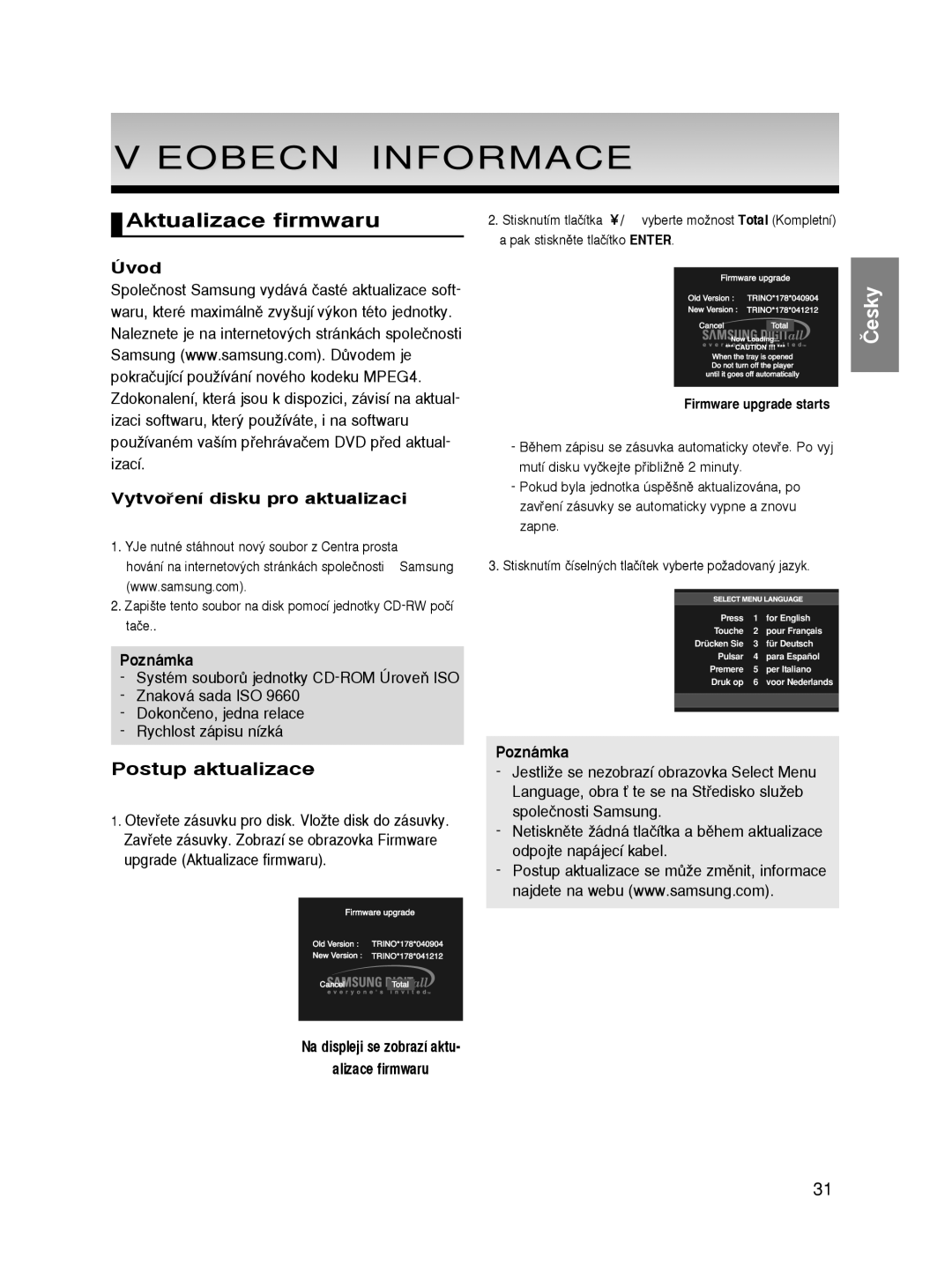 Samsung DVD-HD860/XEC, DVD-HD860/XEL manual ‰EOBECNÉ Informace, Aktualizace firmwaru, Úvod Vytvoﬁení disku pro aktualizaci 