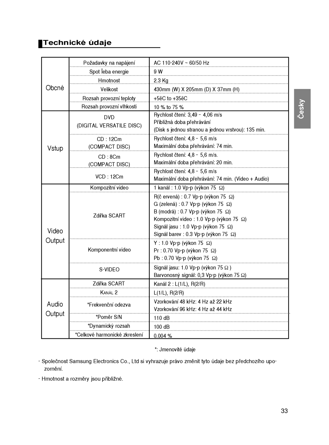 Samsung DVD-HD860/XEH, DVD-HD860/XEL, DVD-HD860/XEC, DVD-HD860/FOU manual Technické údaje 