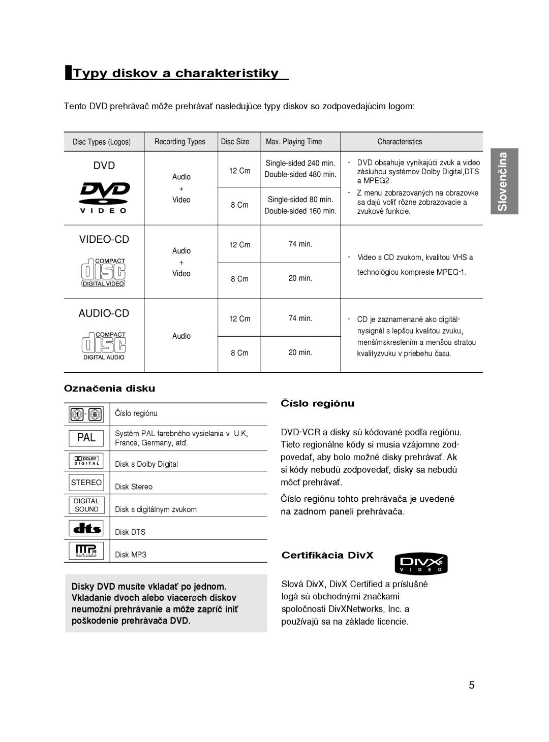 Samsung DVD-HD860/FOU, DVD-HD860/XEL, DVD-HD860/XEC manual Typy diskov a charakteristiky, Oznaãenia disku, Âíslo regiónu 