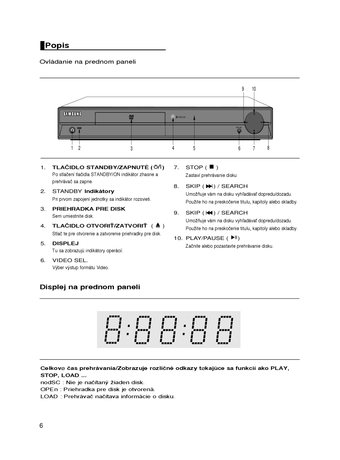 Samsung DVD-HD860/XEH, DVD-HD860/XEL, DVD-HD860/XEC, DVD-HD860/FOU manual Ovládanie na prednom paneli, STOP, Load 