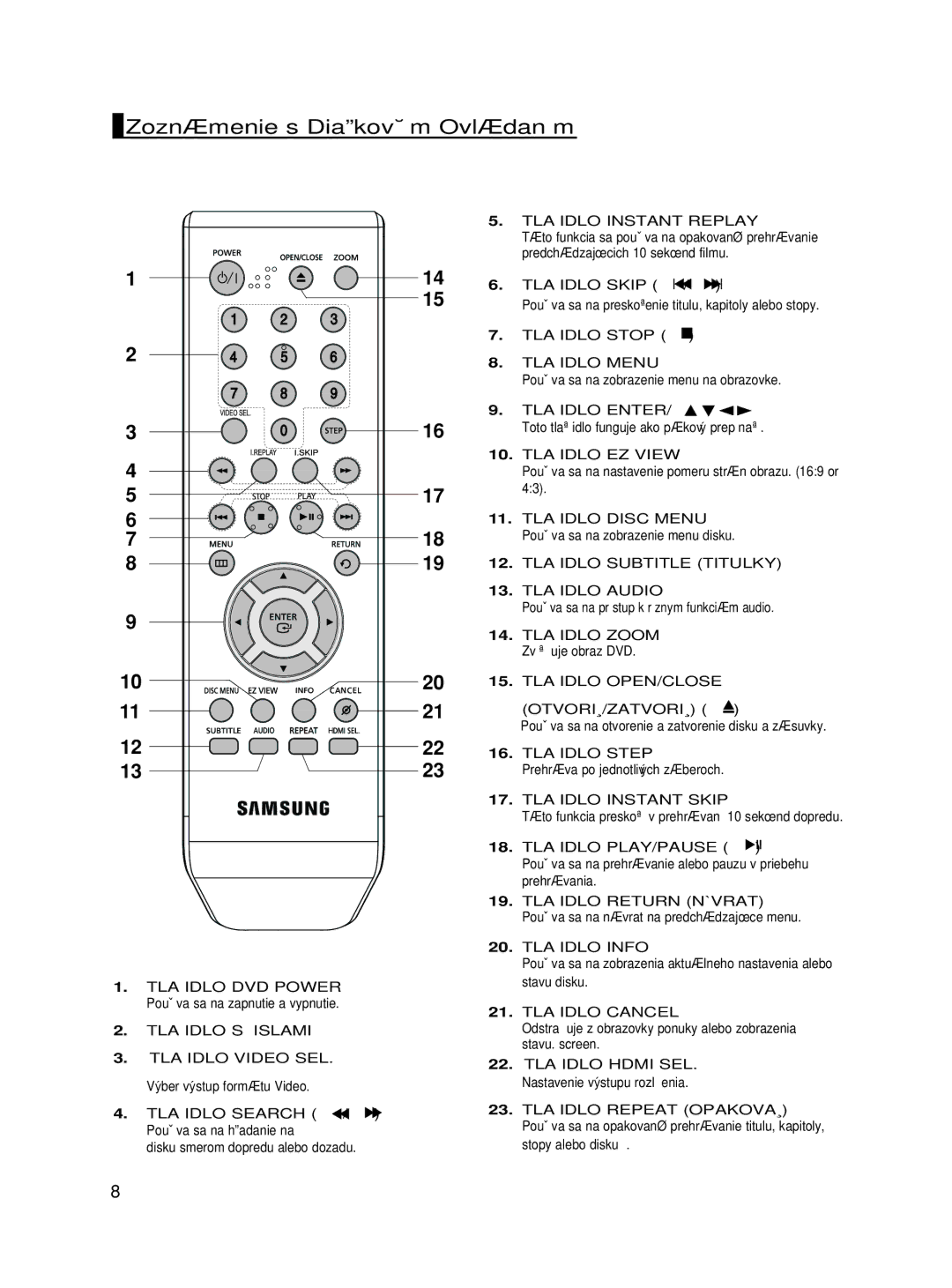 Samsung DVD-HD860/XEC, DVD-HD860/XEL, DVD-HD860/FOU, DVD-HD860/XEH manual Zoznámenie s Diaºkov˘m Ovládaním, Otvorië/Zatvorië 