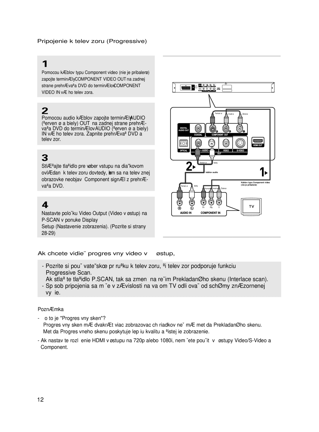 Samsung DVD-HD860/XEC, DVD-HD860/XEL manual Pripojenie k televízoru Progressive, Ak chcete vidieÈ progresívny video v˘stup 