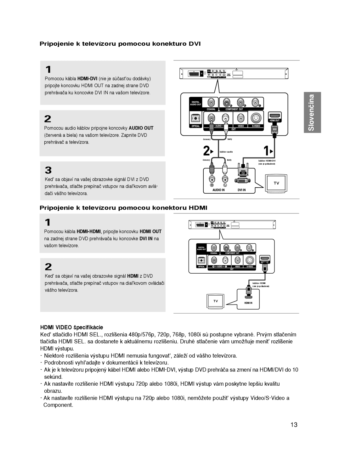 Samsung DVD-HD860/FOU manual Pripojenie k televízoru pomocou konekturo DVI, Pripojenie k televízoru pomocou konektoru Hdmi 