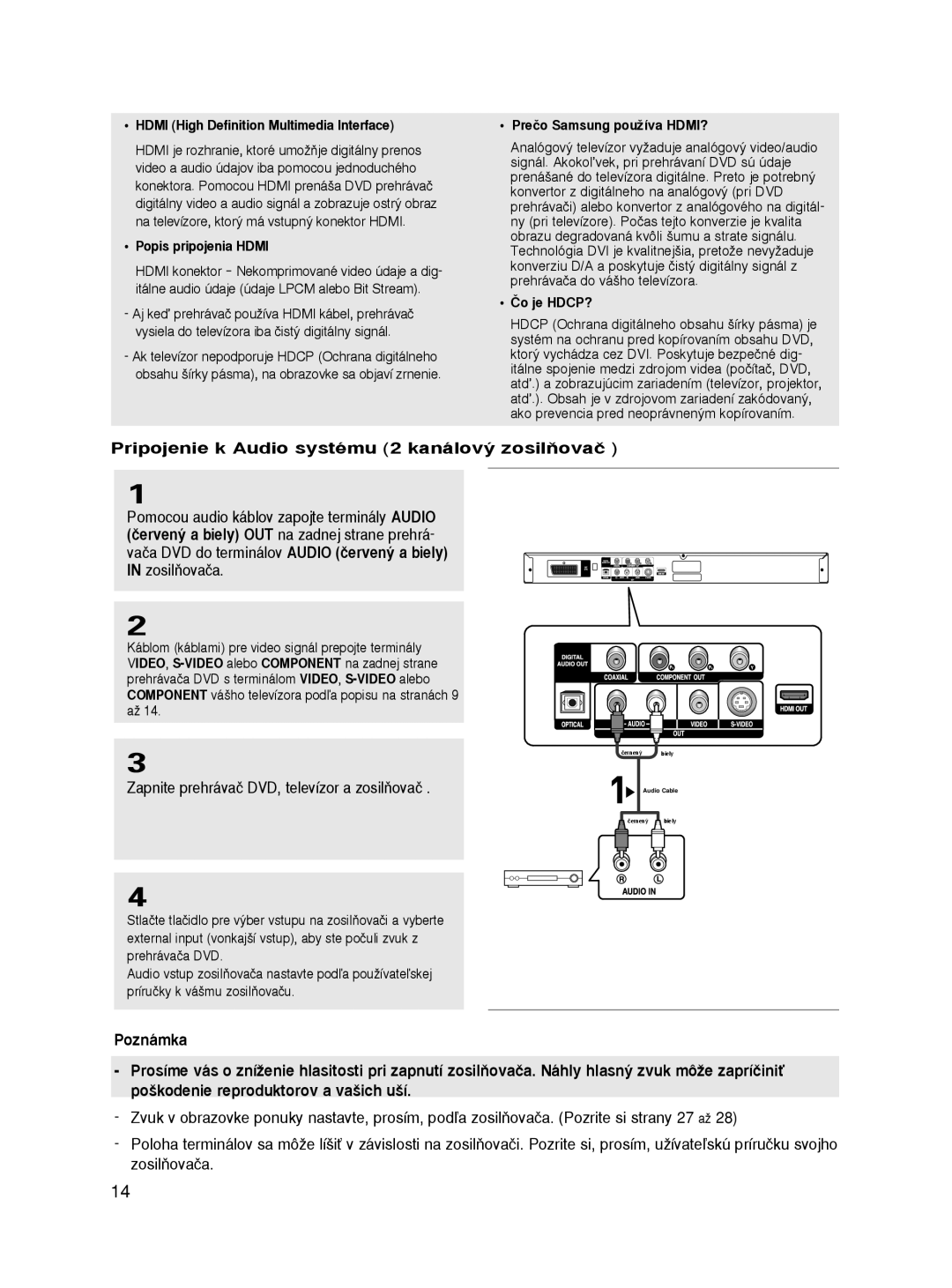 Samsung DVD-HD860/XEH Pripojenie k Audio systému 2 kanálov˘ zosilÀovaã, Zapnite prehrávaã DVD, televízor a zosilÀovaã 