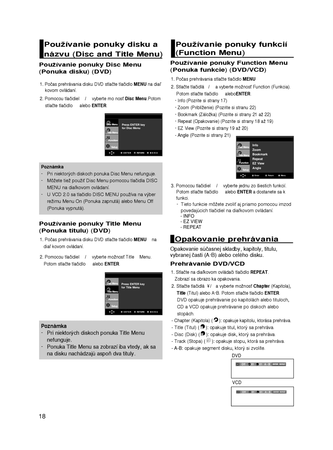 Samsung DVD-HD860/XEH manual PouÏívanie ponuky disku a názvu Disc and Title Menu, PouÏívanie ponuky funkcií Function Menu 