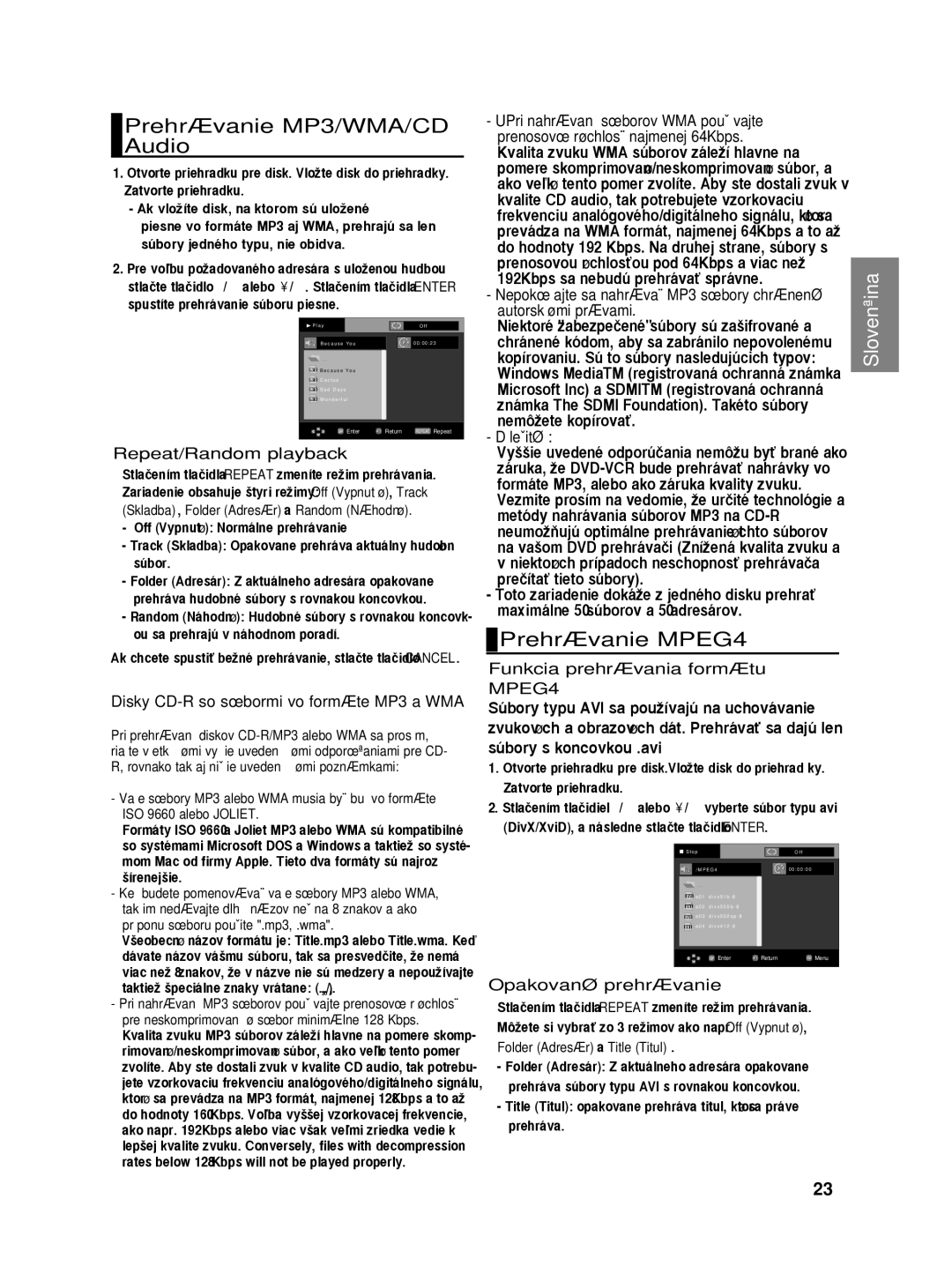 Samsung DVD-HD860/XEL manual Prehrávanie MP3/WMA/CD Audio, Prehrávanie MPEG4, DôleÏité, Funkcia prehrávania formátu MPEG4 