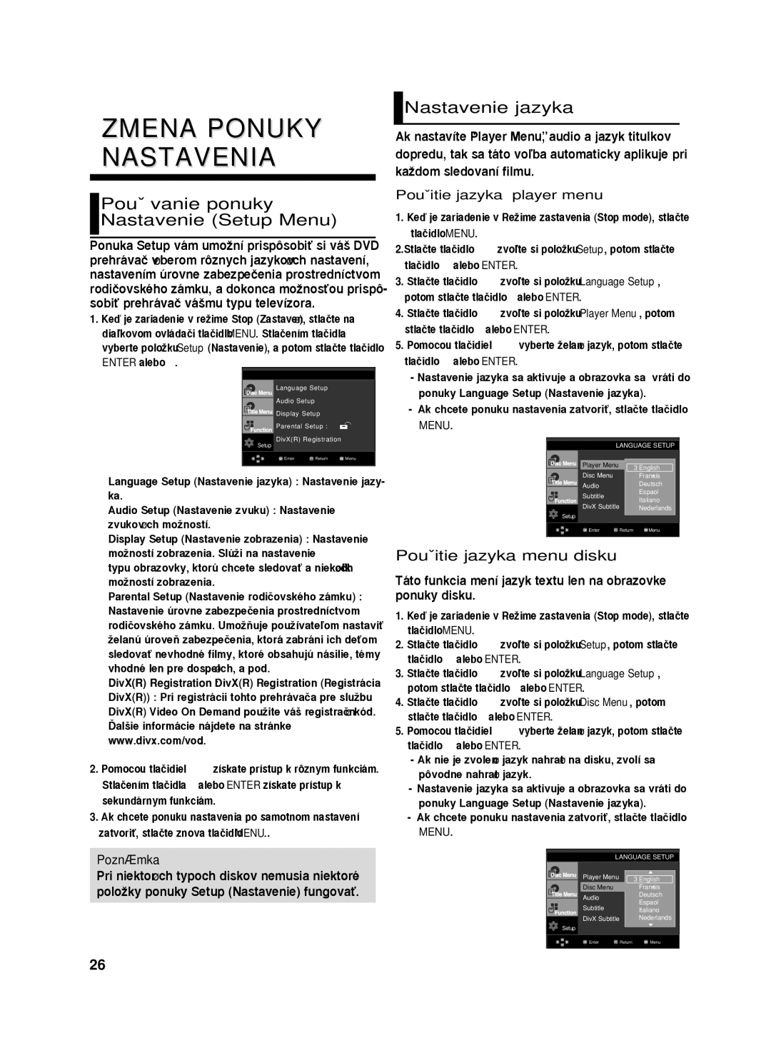 Samsung DVD-HD860/XEH, DVD-HD860/XEL Zmena Ponuky Nastavenia, PouÏívanie ponuky Nastavenie Setup Menu, Nastavenie jazyka 