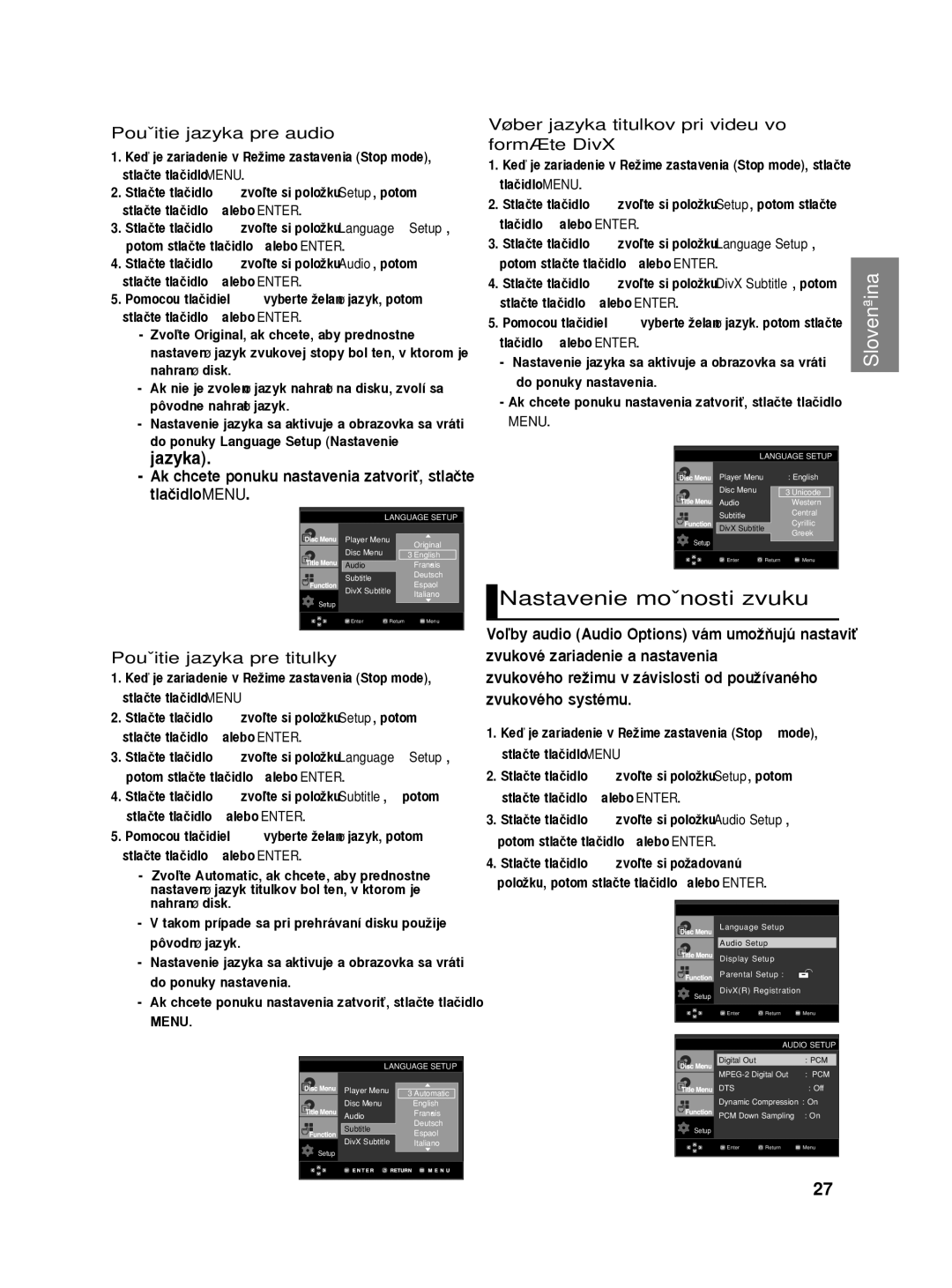 Samsung DVD-HD860/XEL, DVD-HD860/XEC Nastavenie moÏnosti zvuku, PouÏitie jazyka pre audio, PouÏitie jazyka pre titulky 