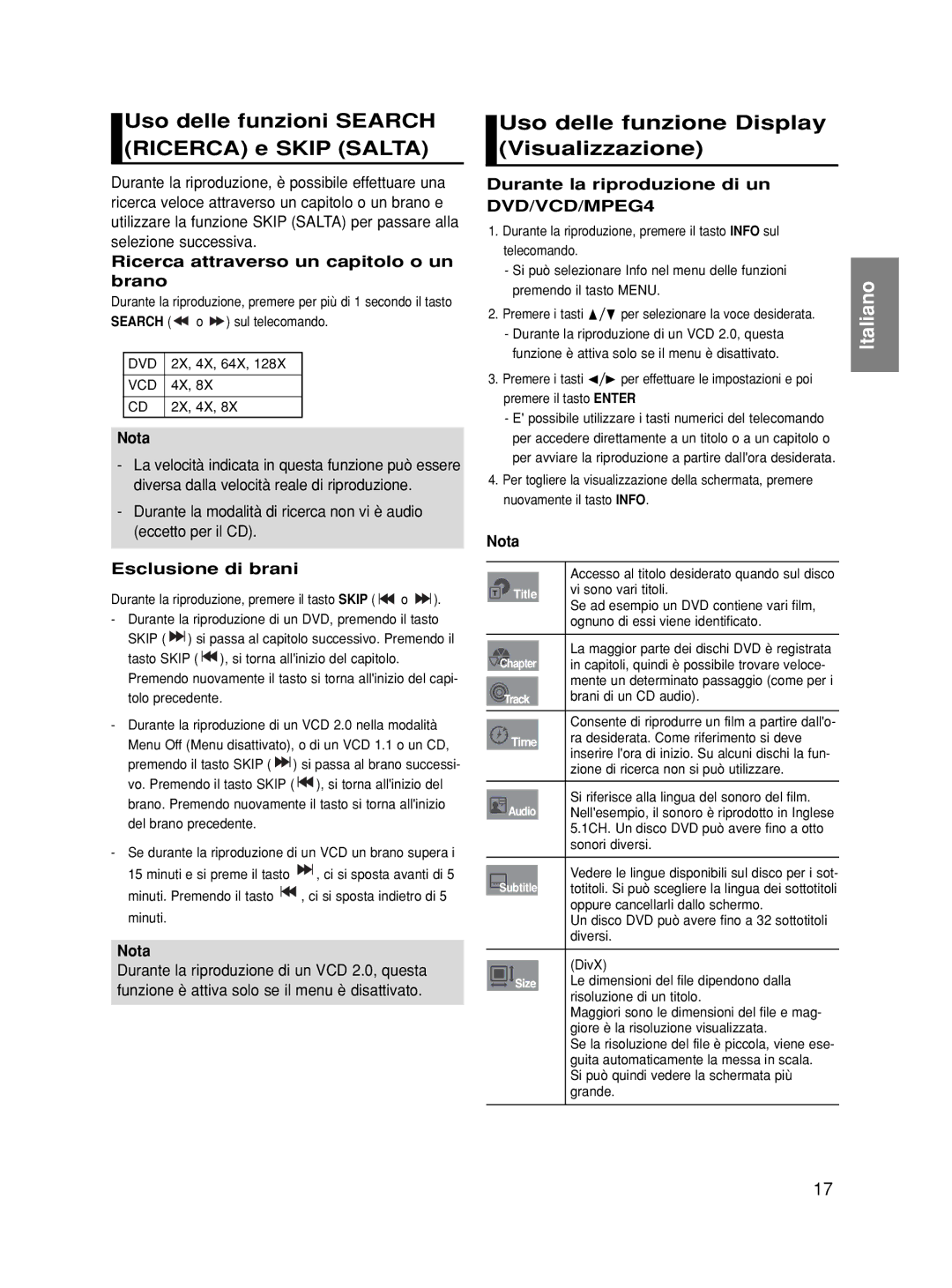 Samsung DVD-HD860/XET manual Uso delle funzioni Search Ricerca e Skip Salta, Uso delle funzione Display Visualizzazione 