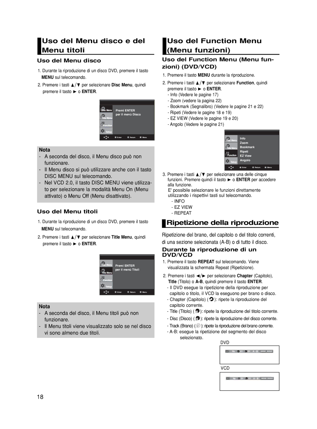 Samsung DVD-HD860/XET manual Uso del Menu disco e del Menu titoli, Uso del Function Menu Menu funzioni 