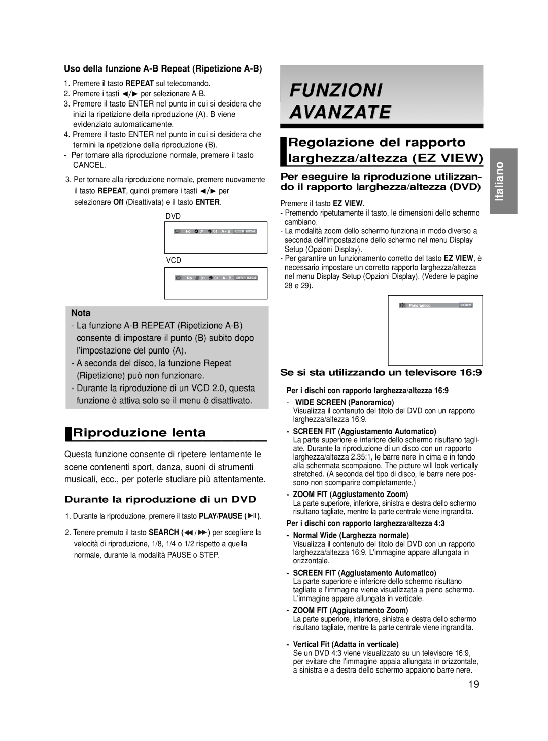 Samsung DVD-HD860/XET manual Funzioni Avanzate, Regolazione del rapporto larghezza/altezza EZ View, Riproduzione lenta 