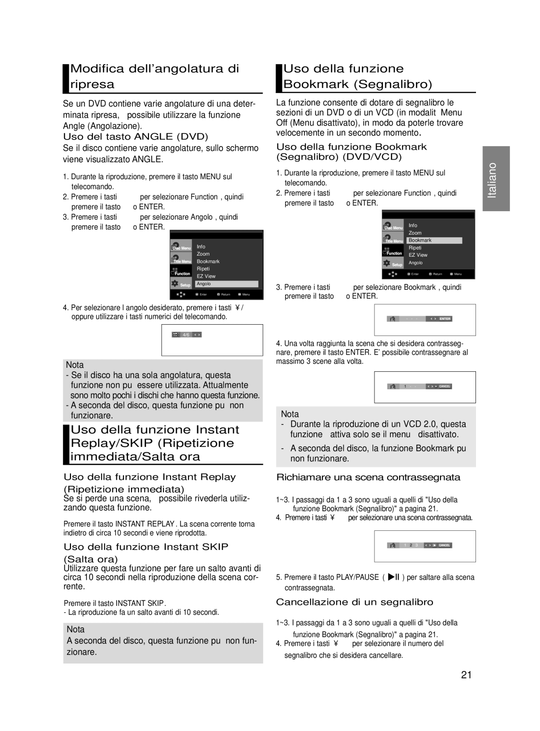 Samsung DVD-HD860/XET manual Modifica dellangolatura di ripresa, Uso della funzione Bookmark Segnalibro 