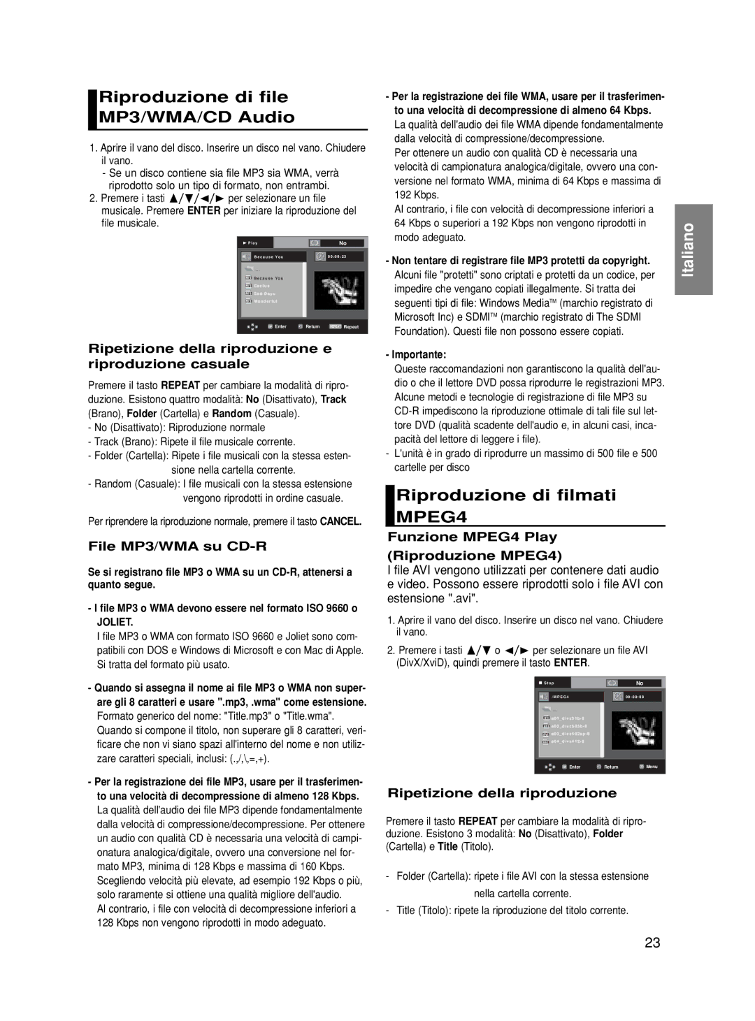 Samsung DVD-HD860/XET manual Riproduzione di file MP3/WMA/CD Audio, Riproduzione di filmati MPEG4 