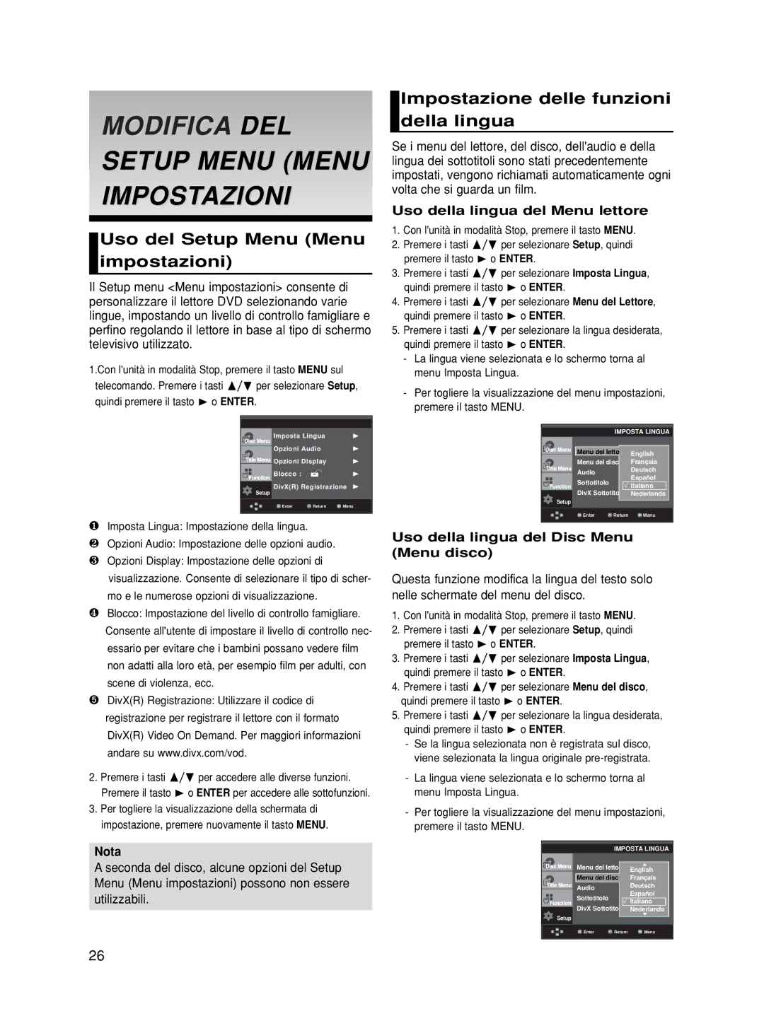 Samsung DVD-HD860/XET manual Modifica DEL Setup Menu Menu Impostazioni, Uso del Setup Menu Menu impostazioni 