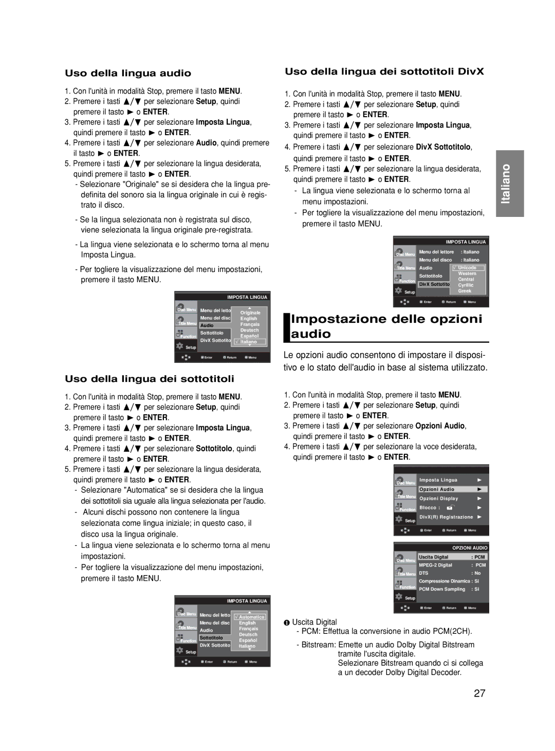 Samsung DVD-HD860/XET manual Impostazione delle opzioni audio, Uso della lingua audio, Uso della lingua dei sottotitoli 