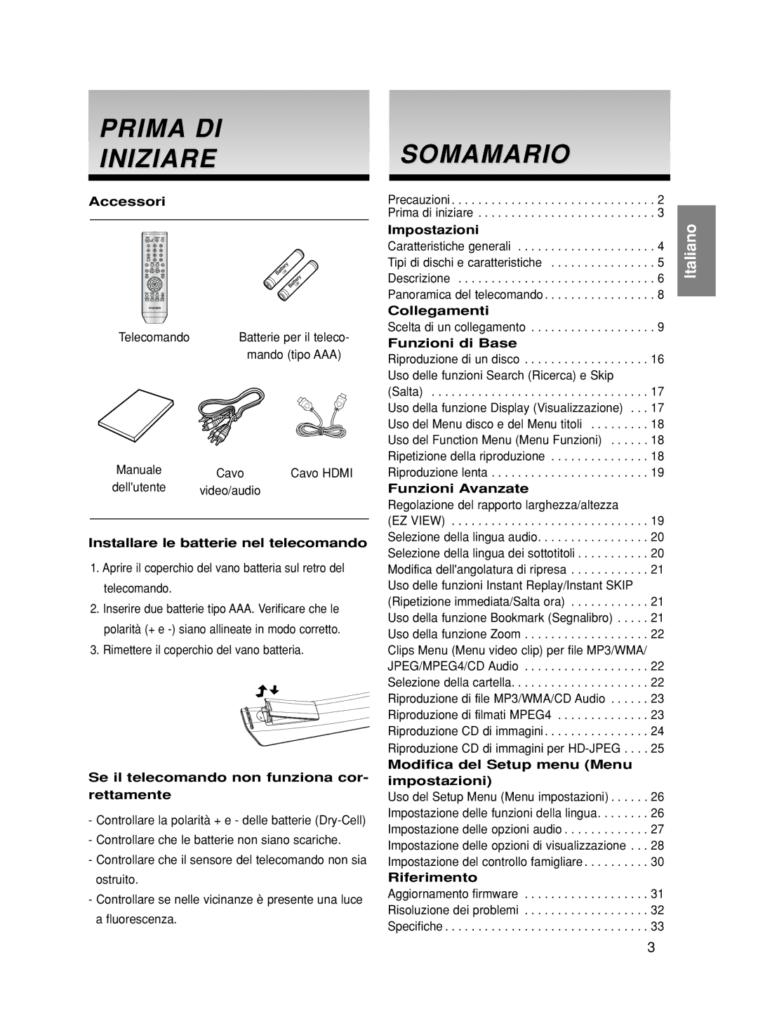 Samsung DVD-HD860/XET manual Prima DI Iniziare, Somamario 