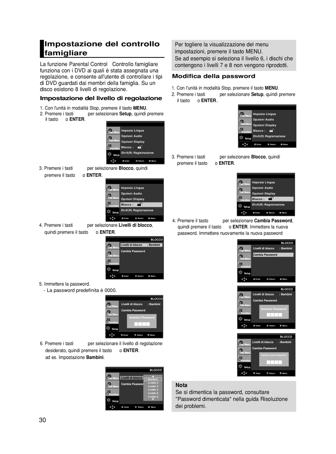 Samsung DVD-HD860/XET manual Impostazione del controllo famigliare, Impostazione del livello di regolazione 