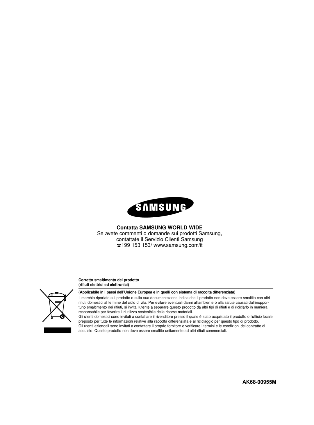 Samsung DVD-HD860/XET manual Se avete commenti o domande sui prodotti Samsung, AK68-00955M 