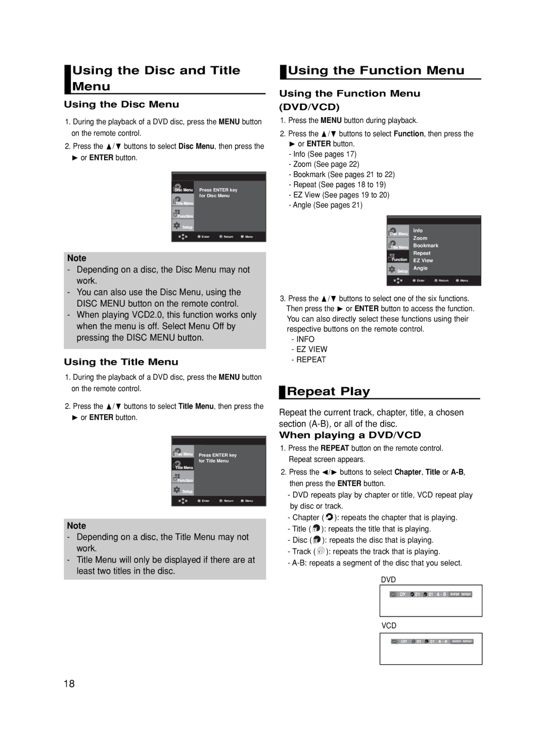 Samsung DVD-HD860/XSV manual Using the Disc and Title Menu, Using the Function Menu, Repeat Play 