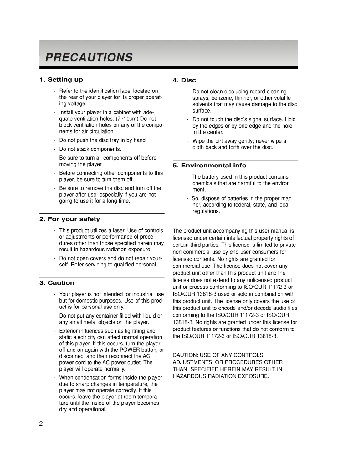 Samsung DVD-HD860/XSV manual Precautions, Setting up Disc, For your safety, Environmental info 