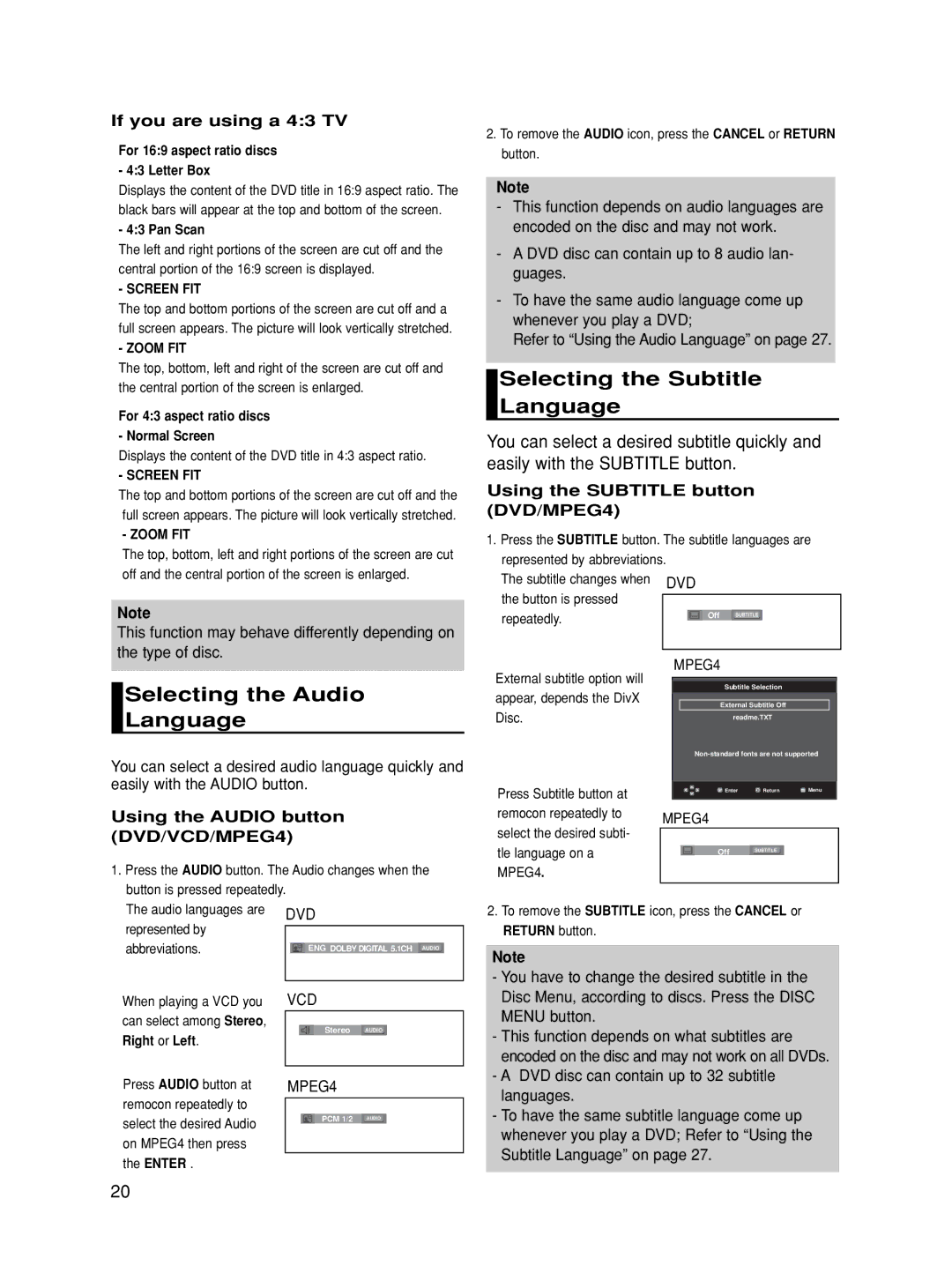 Samsung DVD-HD860/XSV manual Selecting the Audio Language, Selecting the Subtitle Language, If you are using a 43 TV 