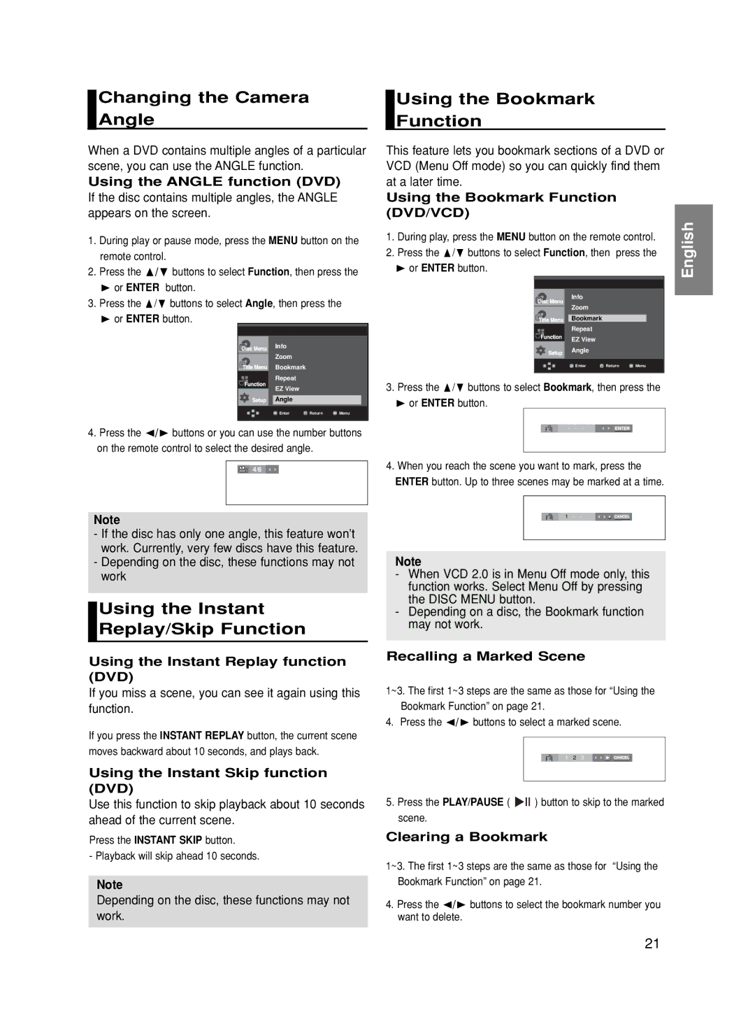 Samsung DVD-HD860/XSV manual Changing the Camera Angle, Using the Instant Replay/Skip Function, Using the Bookmark Function 