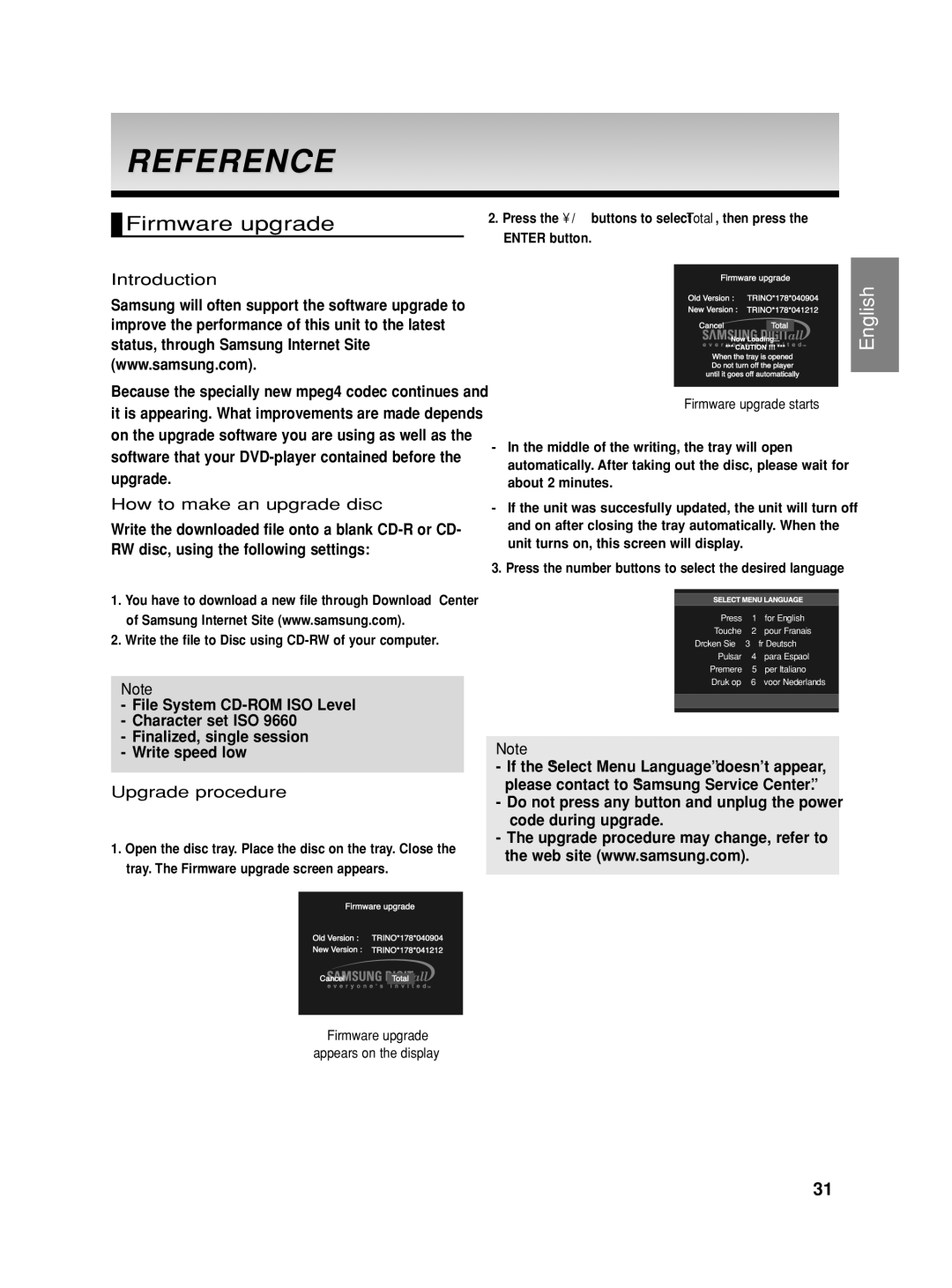 Samsung DVD-HD860/XSV manual Reference, Firmware upgrade, Introduction, How to make an upgrade disc, Upgrade procedure 