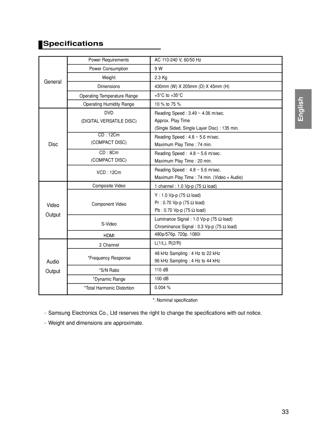 Samsung DVD-HD860/XSV manual Specifications 