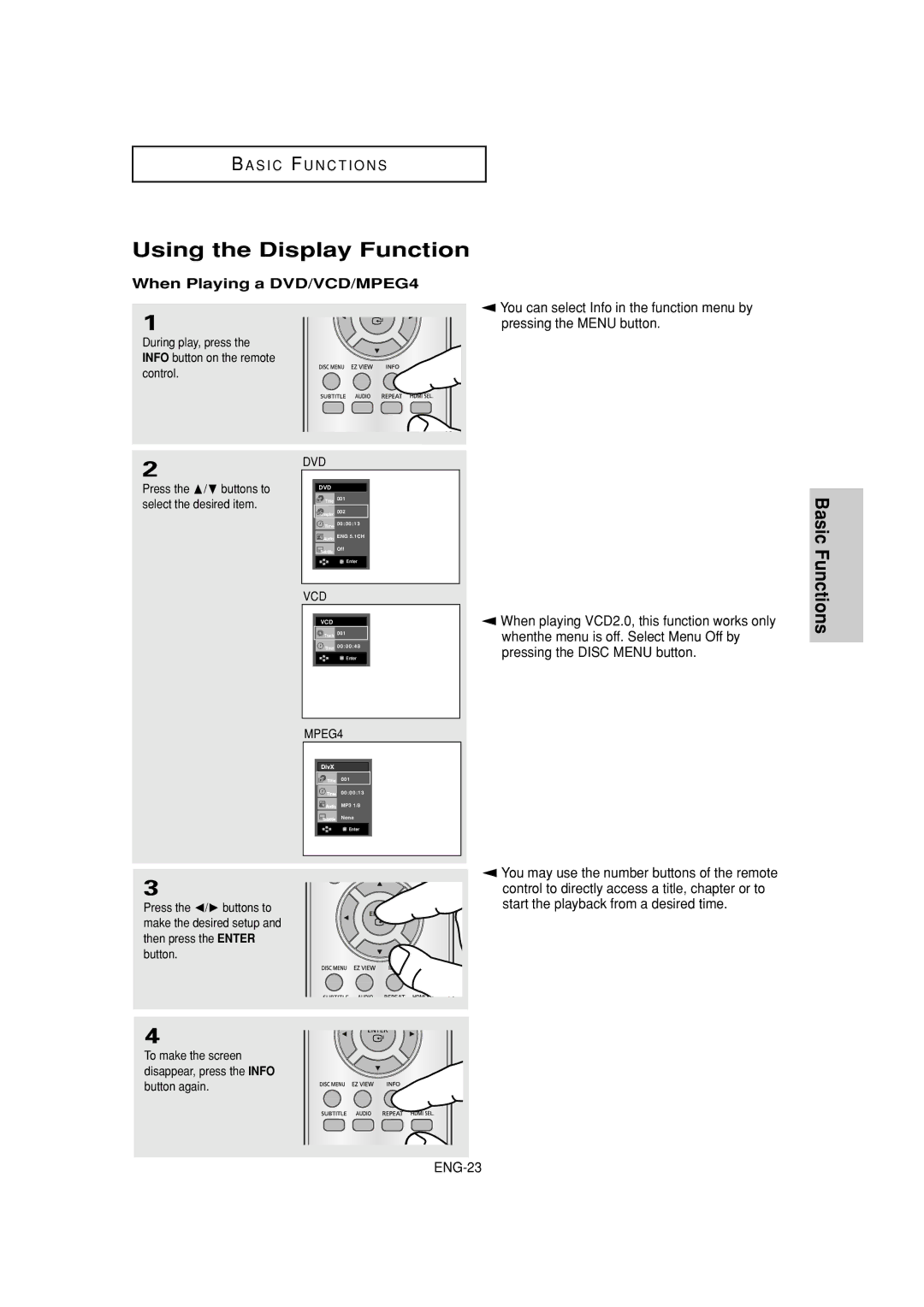 Samsung DVD-HD870 manual Using the Display Function, When Playing a DVD/VCD/MPEG4 