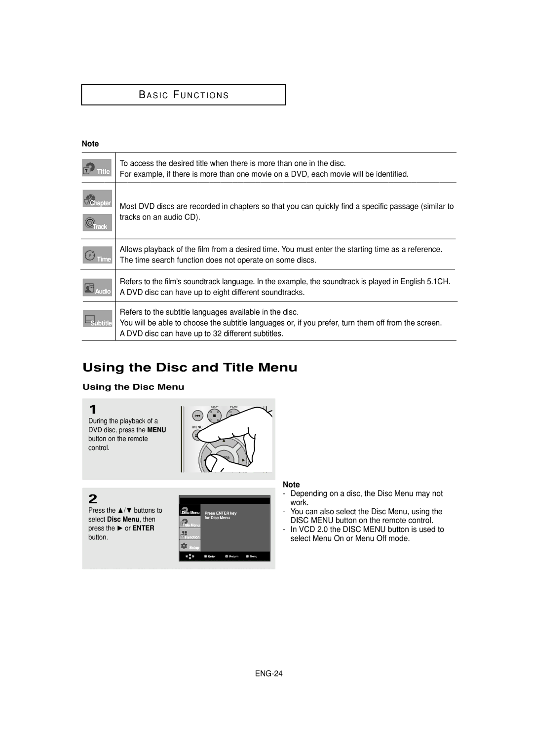 Samsung DVD-HD870 Using the Disc and Title Menu, Using the Disc Menu, Select Disc Menu, then, Press the ❿ or Enter Button 