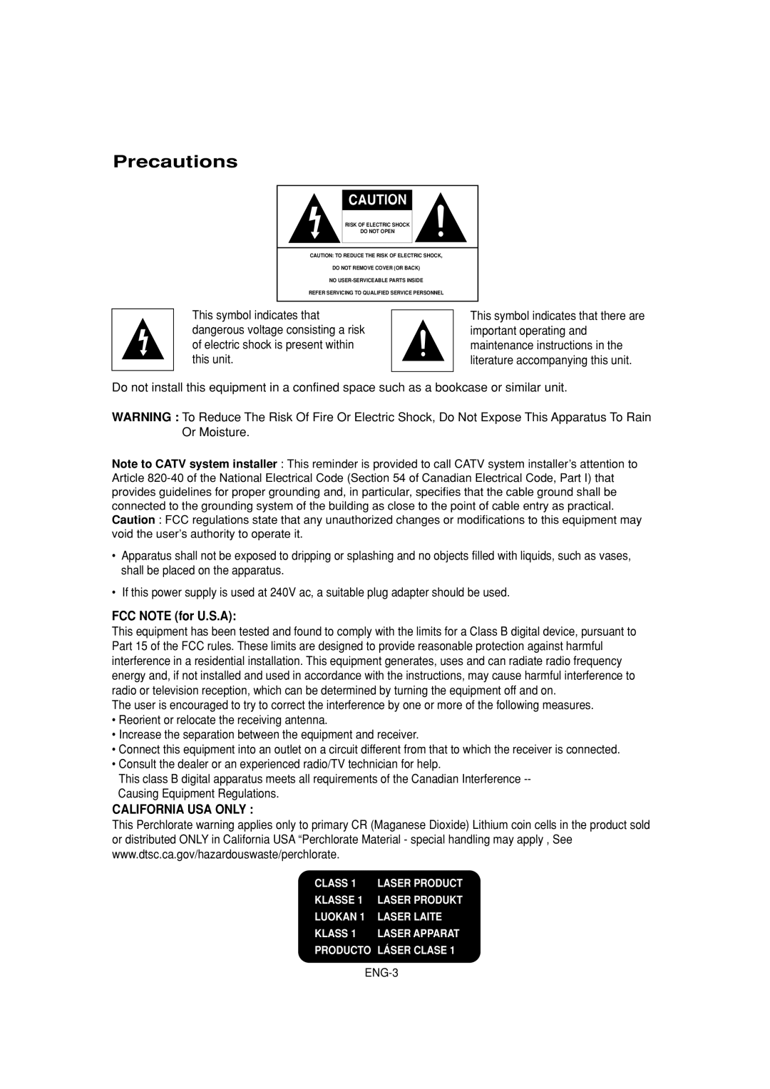 Samsung DVD-HD870 manual Precautions, FCC Note for U.S.A 