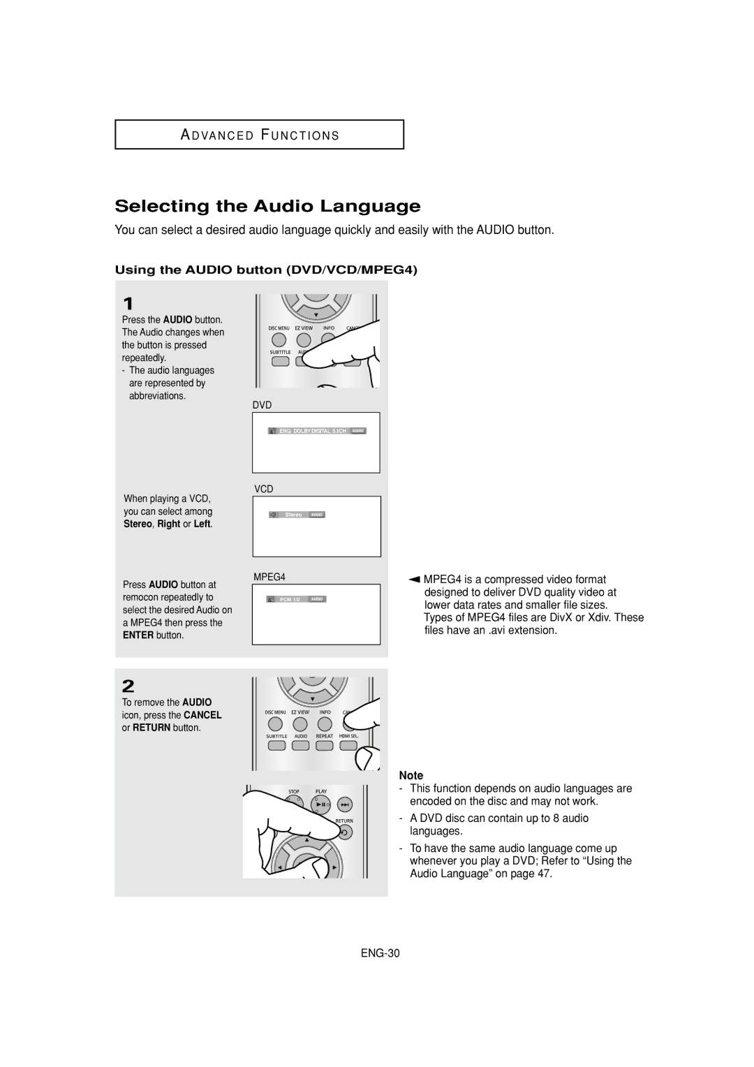 Samsung DVD-HD870 manual Selecting the Audio Language, Using the Audio button DVD/VCD/MPEG4, Press Audio button at 